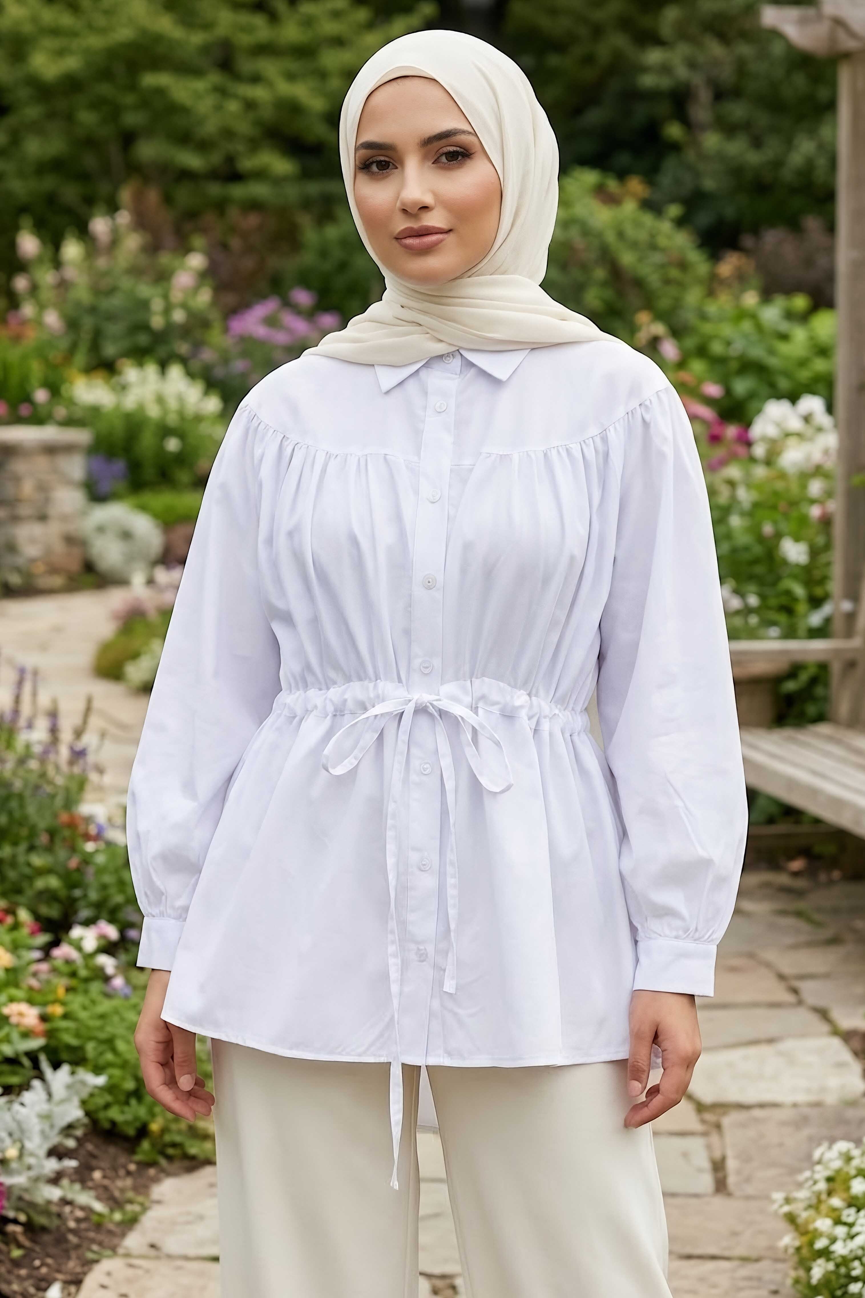 Belden Büzgülü Bağlamalı Gömlek Beyaz - 28573-BEYAZ - 1