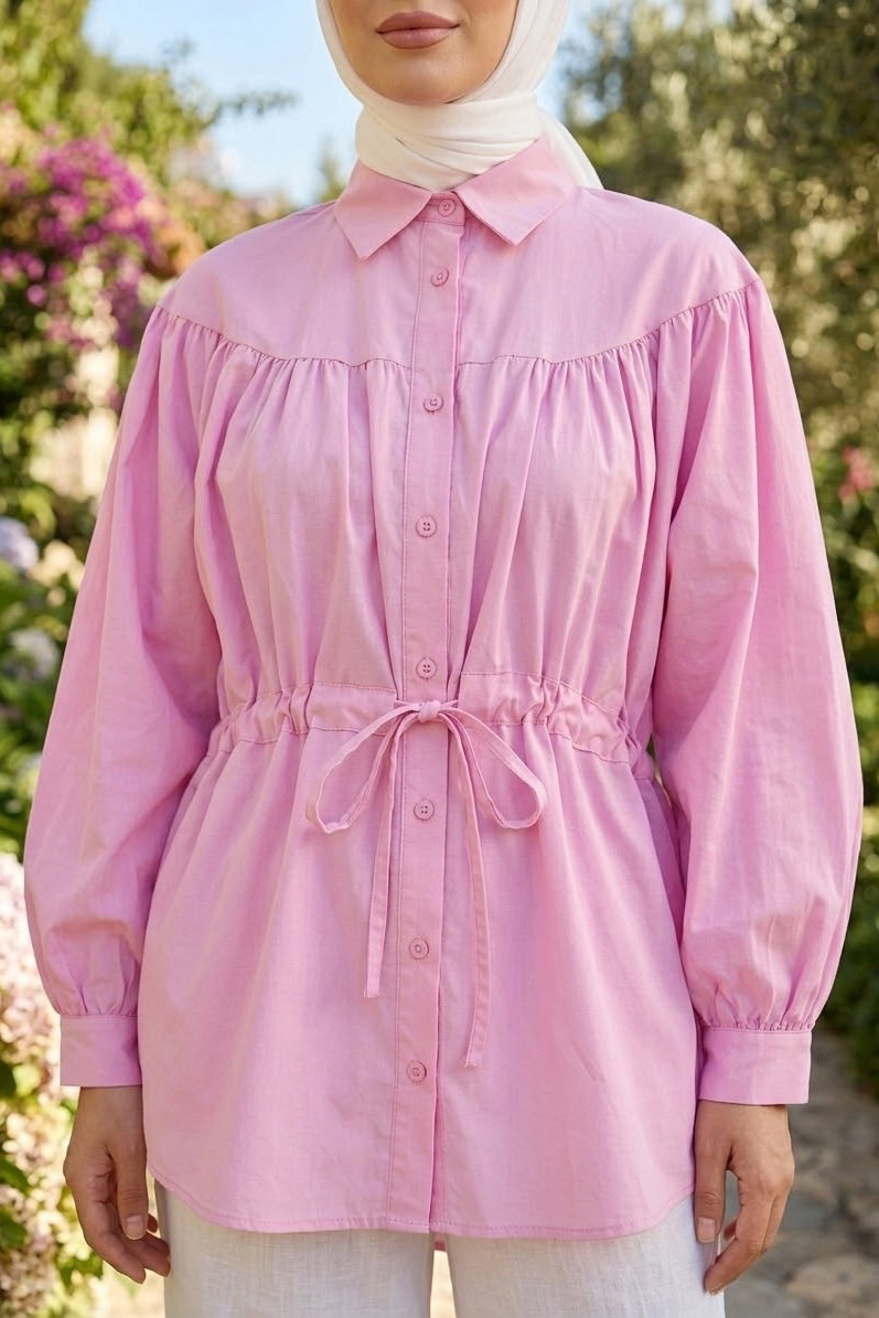 Belden Büzgülü Bağlamalı Gömlek Pembe - 28573-PEMBE - 2