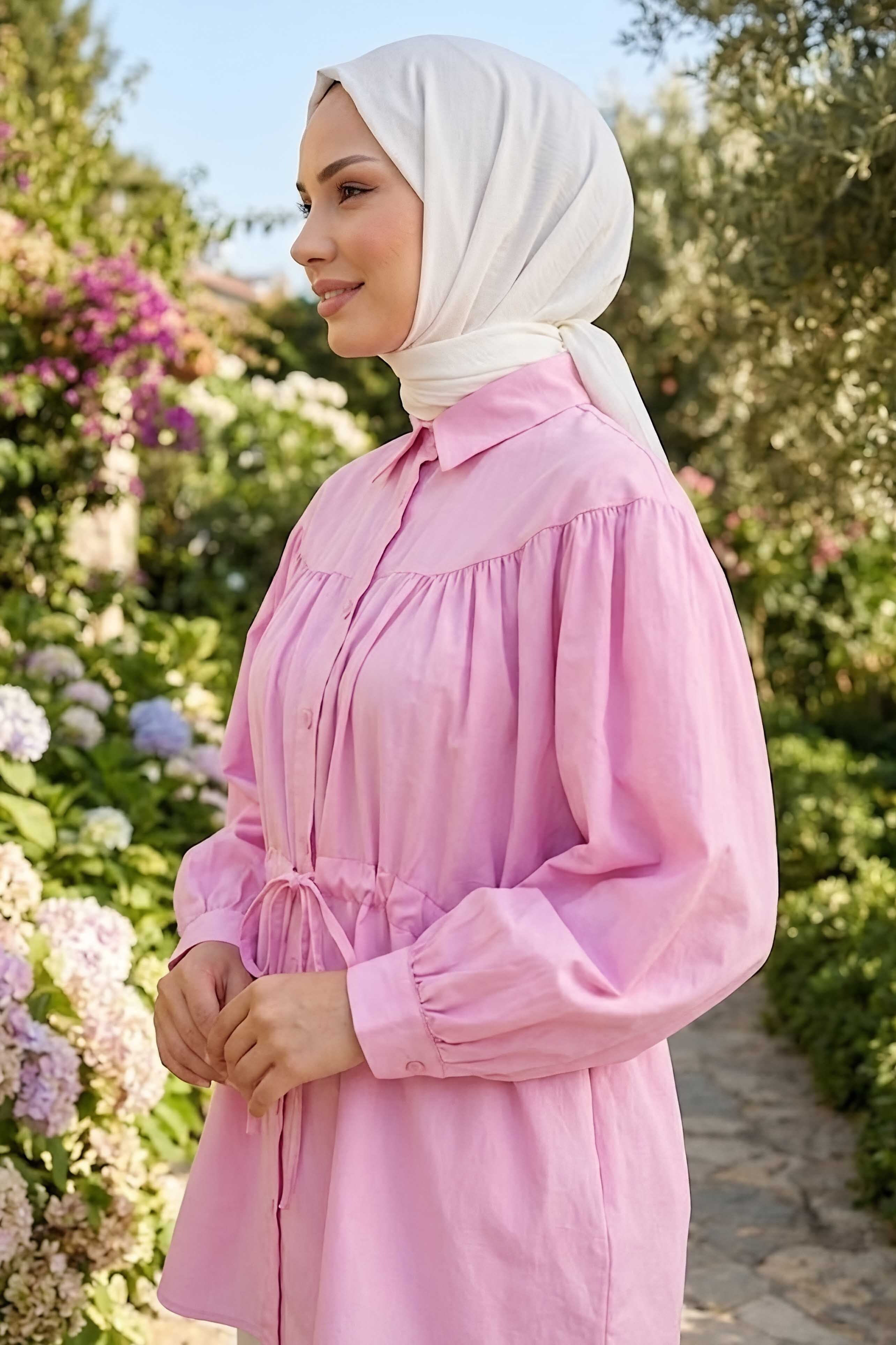 Belden Büzgülü Bağlamalı Gömlek Pembe - 28573-PEMBE - 3