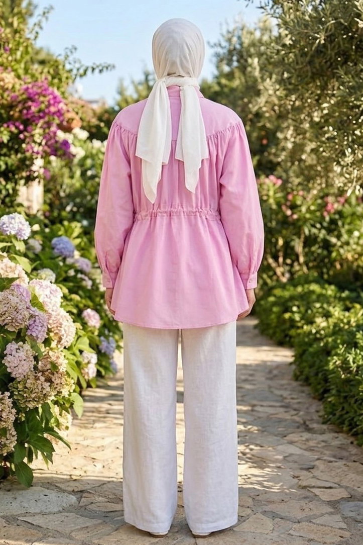 Belden Büzgülü Bağlamalı Gömlek Pembe - 28573-PEMBE - 4