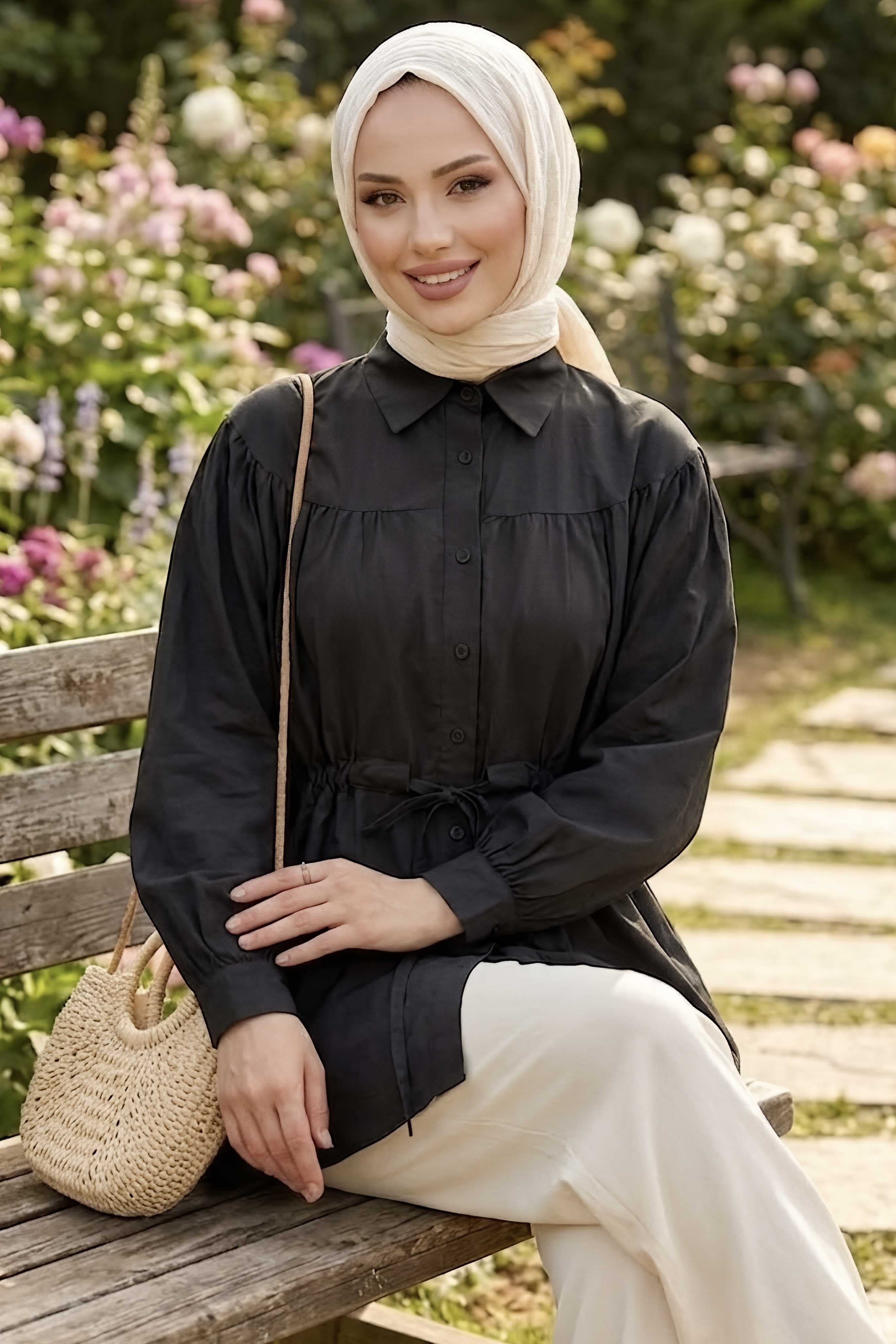 Belden Büzgülü Bağlamalı Gömlek Siyah - 28573-SIYAH - 1