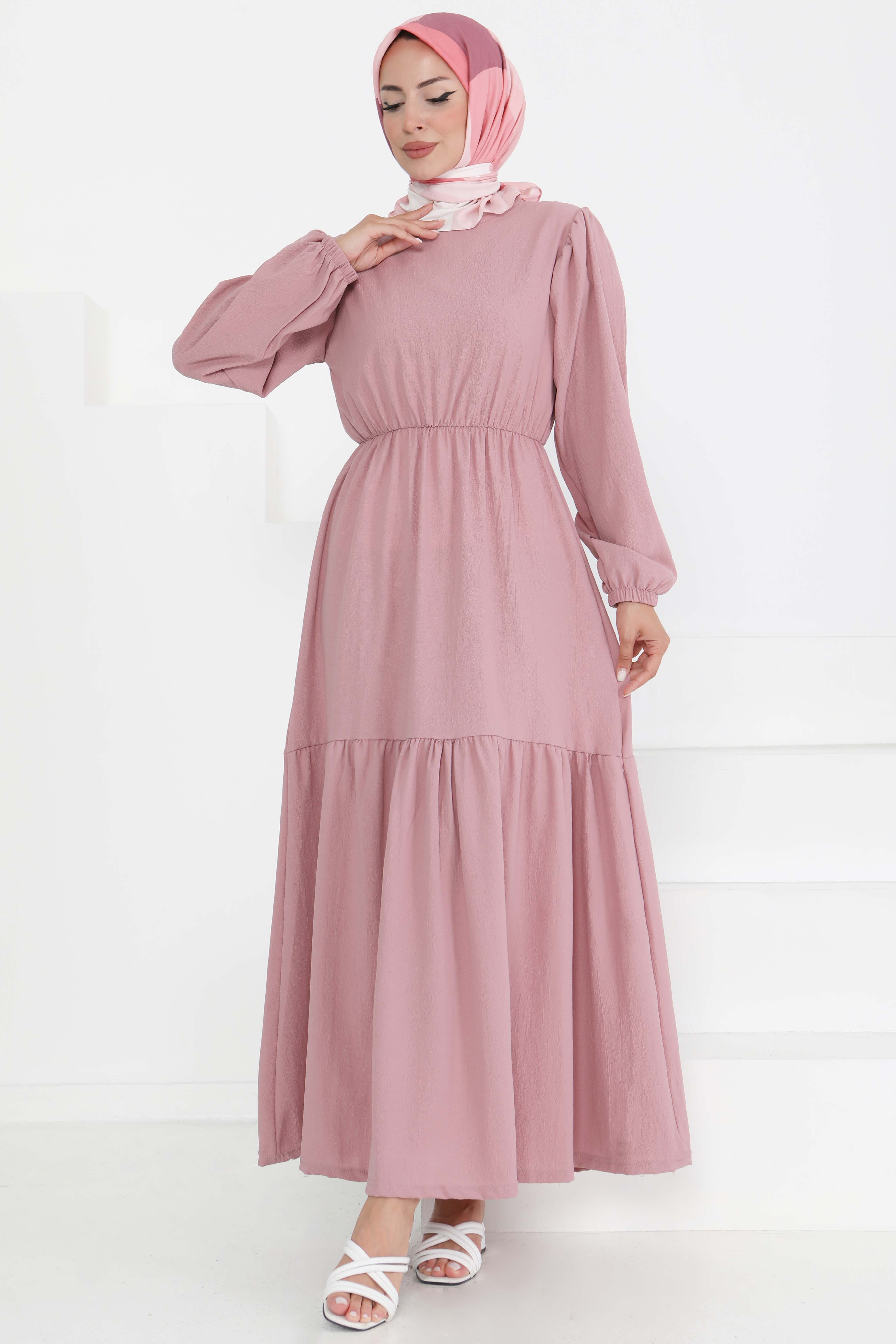 Beli Bağcıklı Elbise Gül - 27303 - 5