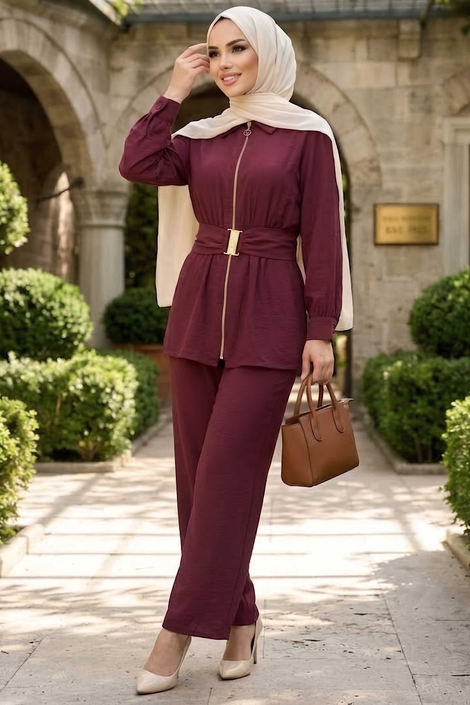Beli Kemerli Kupra İkili Takım Bordo - 28964-BORDO - 1