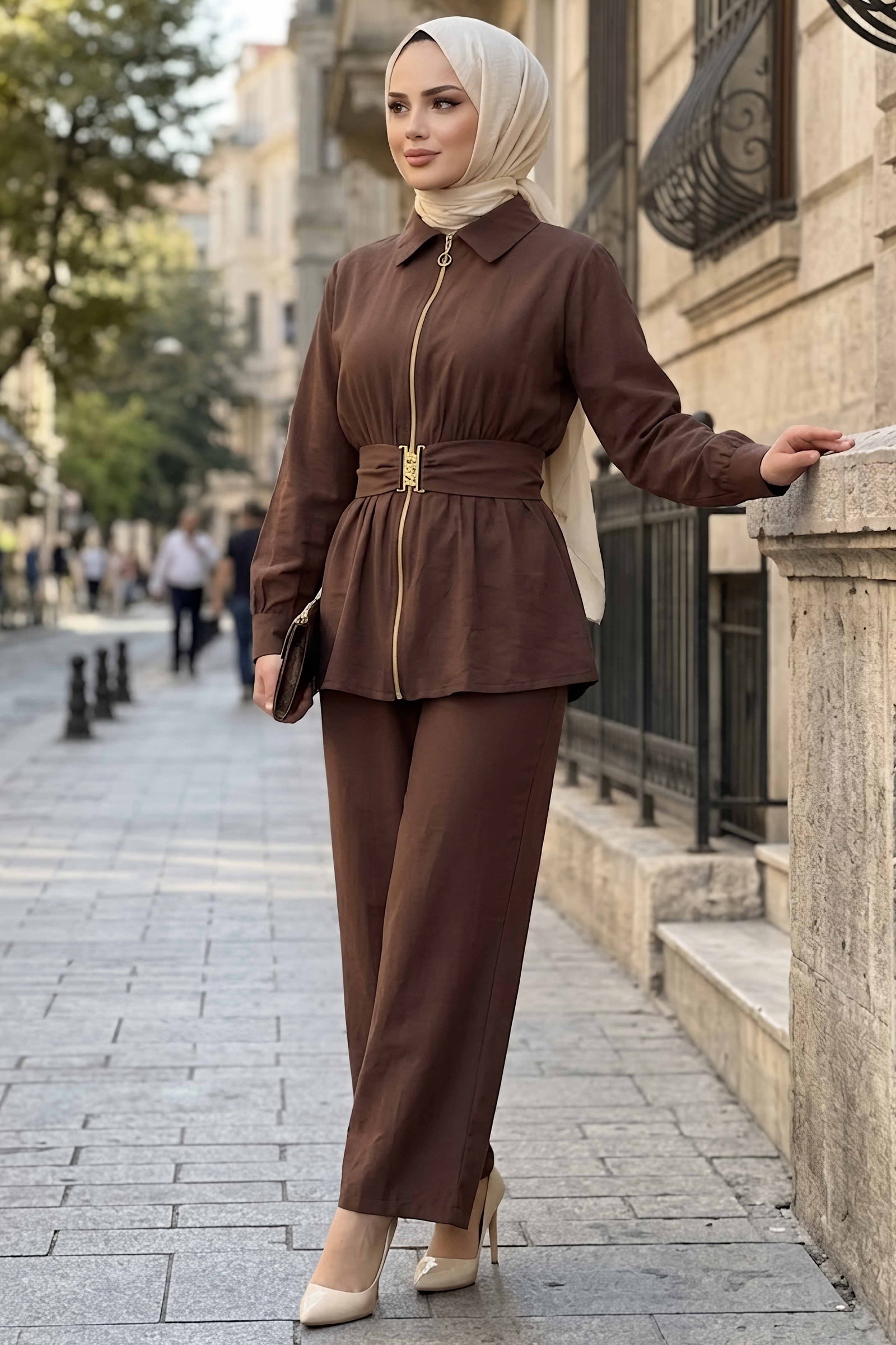 Beli Kemerli Kupra İkili Takım Kahve - 28964-KAHVE - 1
