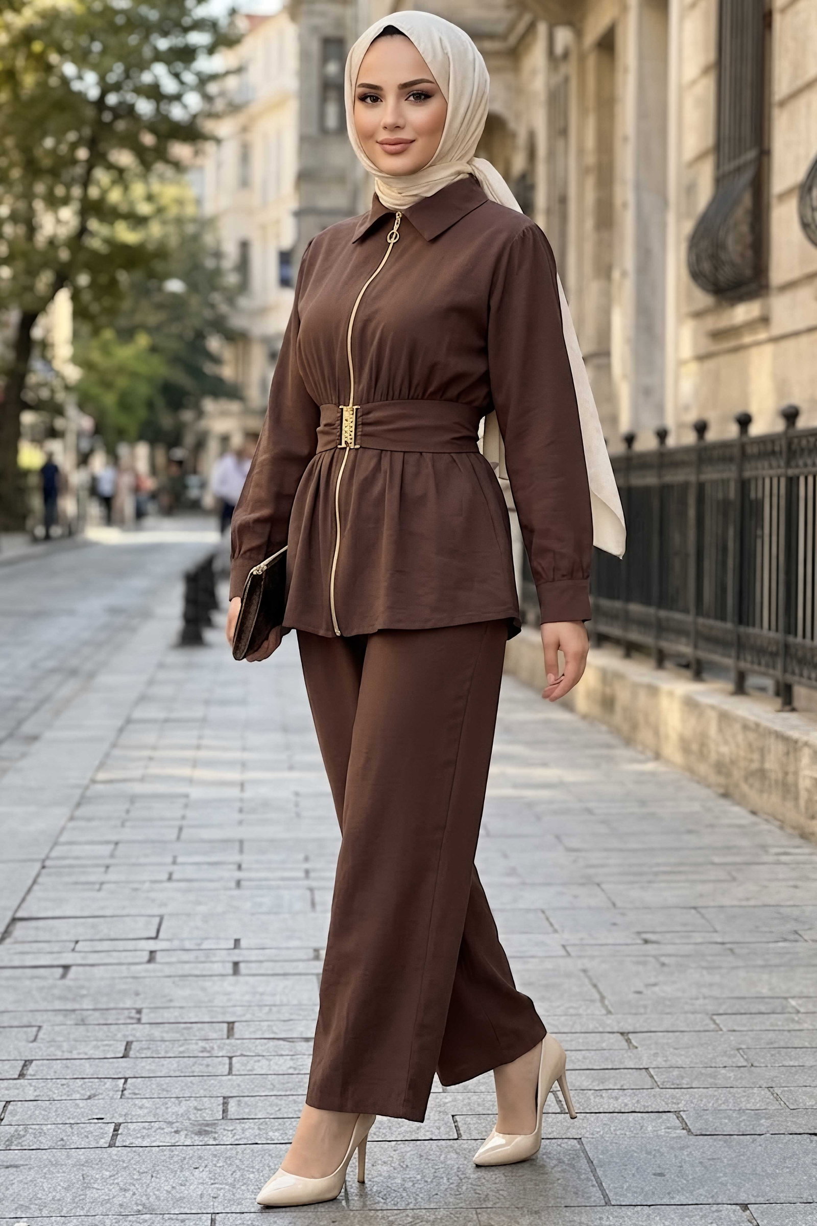 Beli Kemerli Kupra İkili Takım Kahve - 28964-KAHVE - 2