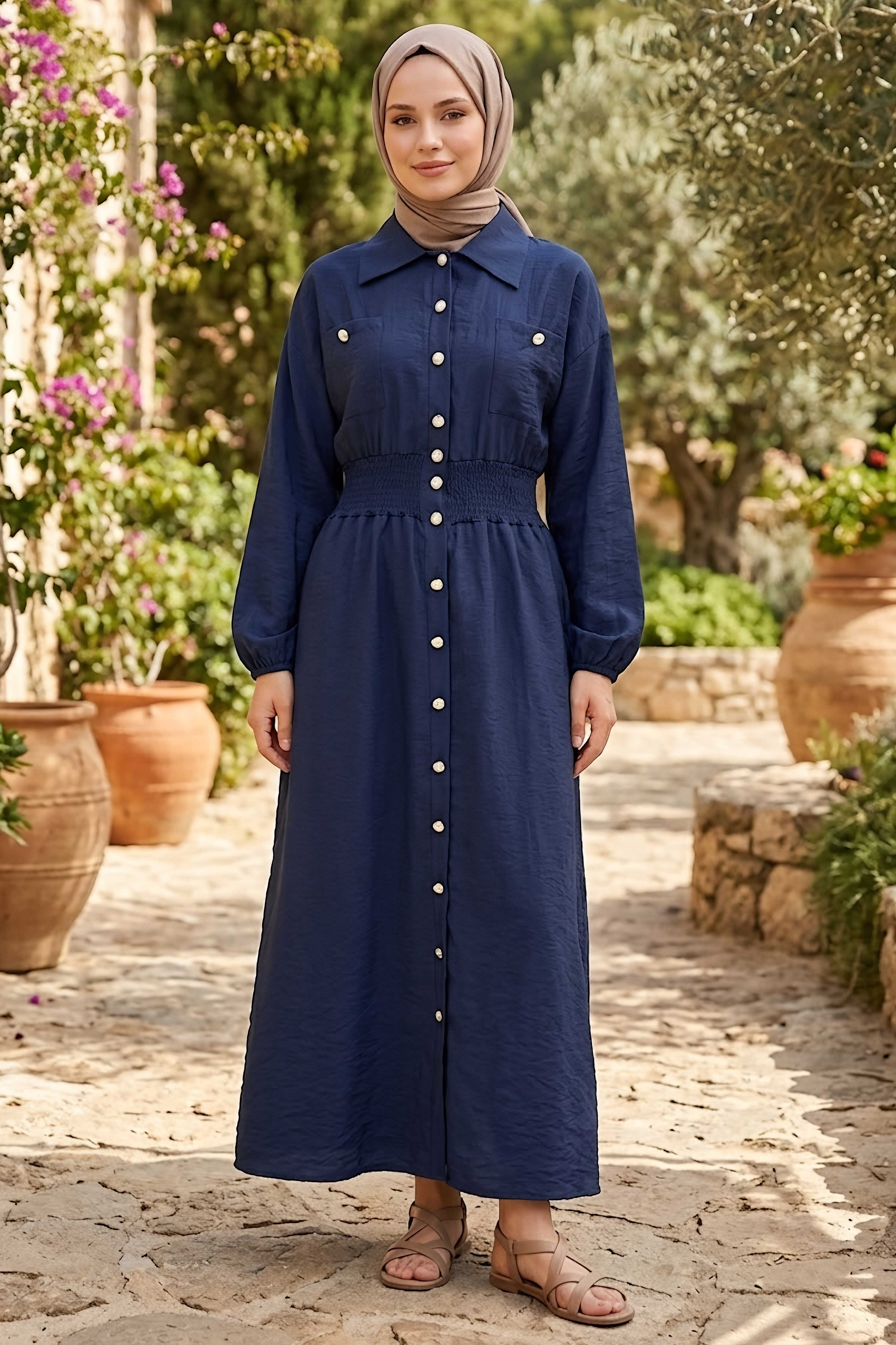 Beli Lastikli Çift Cepli Elbise Lacivert - 28650-LACIVERT - 2