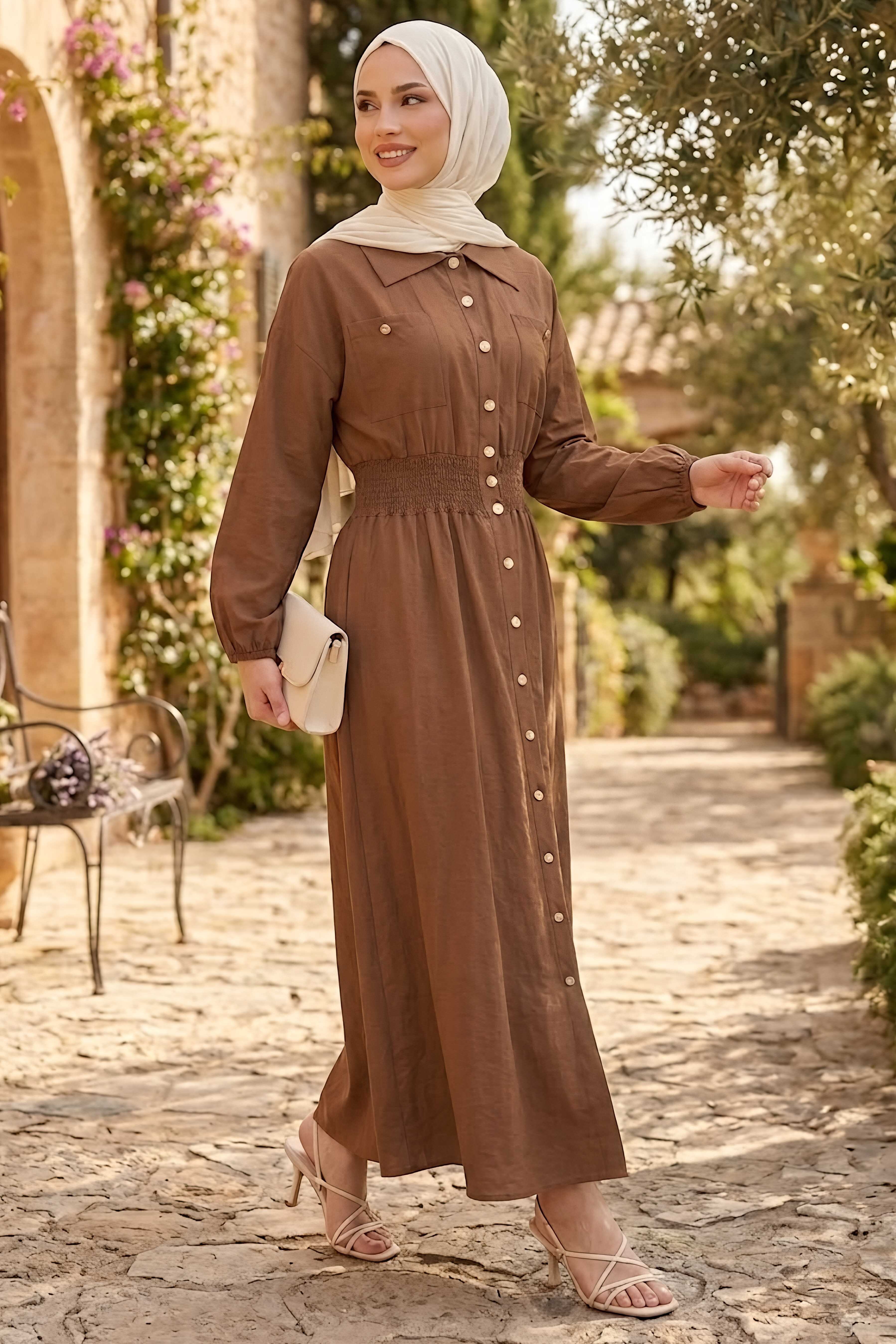 Beli Lastikli Çift Cepli Elbise Taba - 28650-TABA - 2
