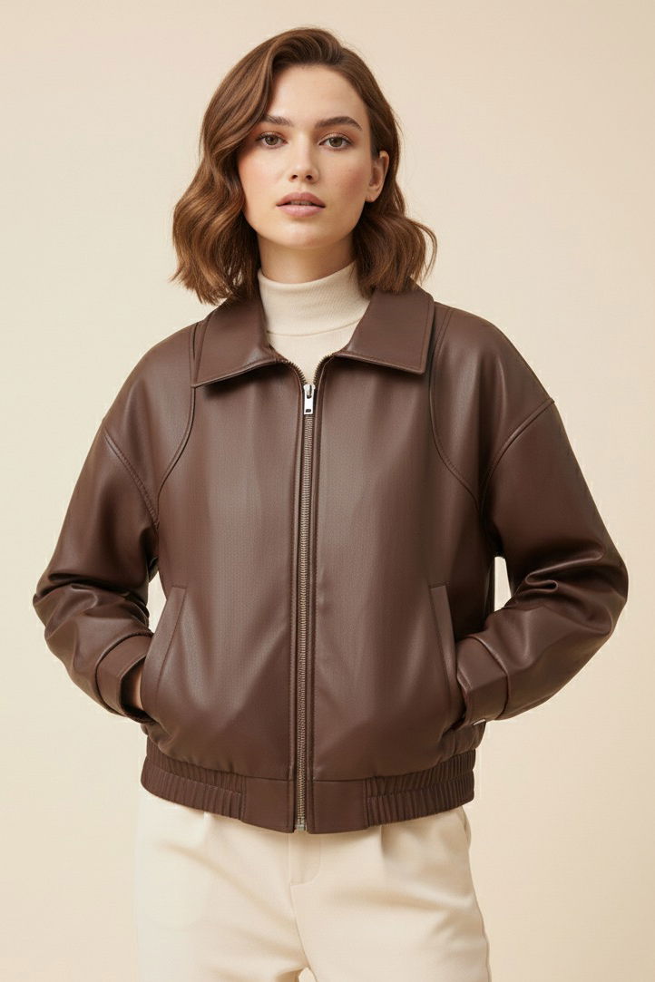 Beli Lastikli Deri Ceket - 27808-KAHVE - TOFİSA