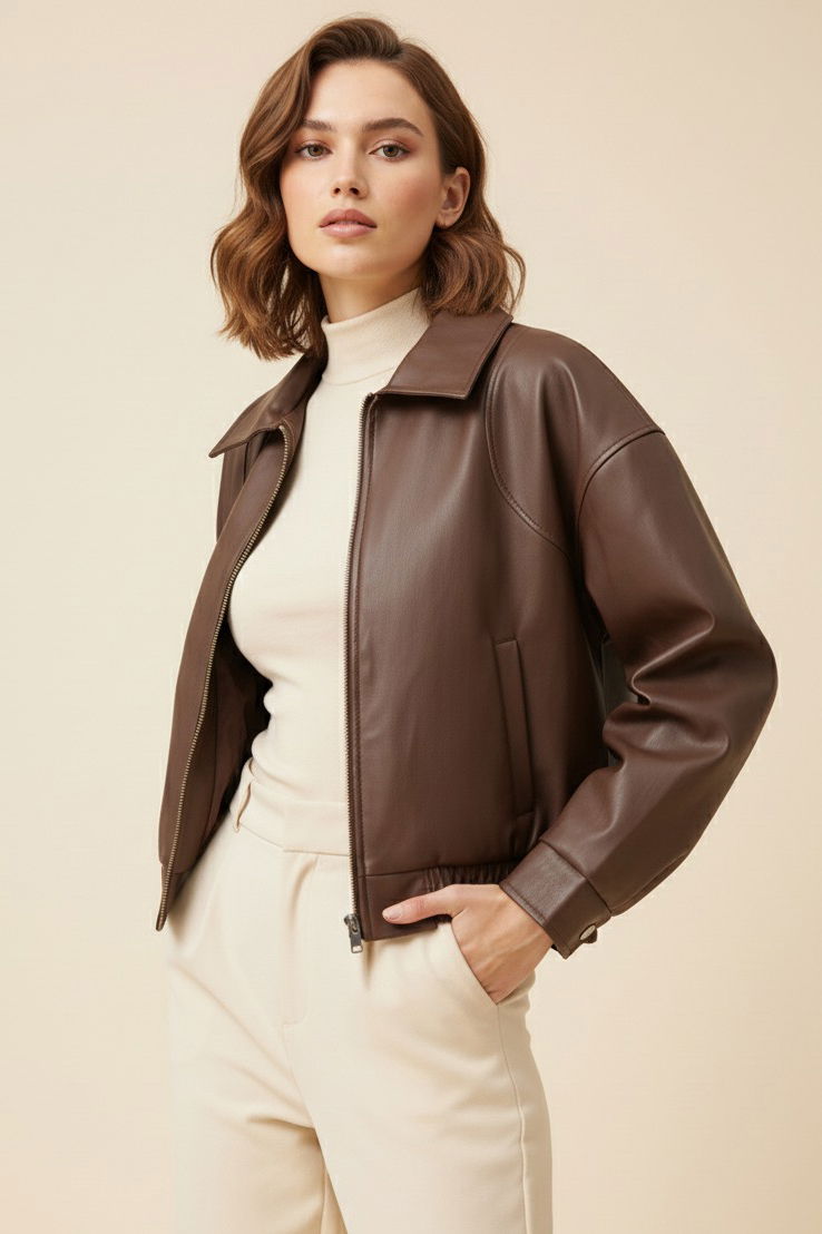 Beli Lastikli Deri Ceket - 27808-KAHVE - 2