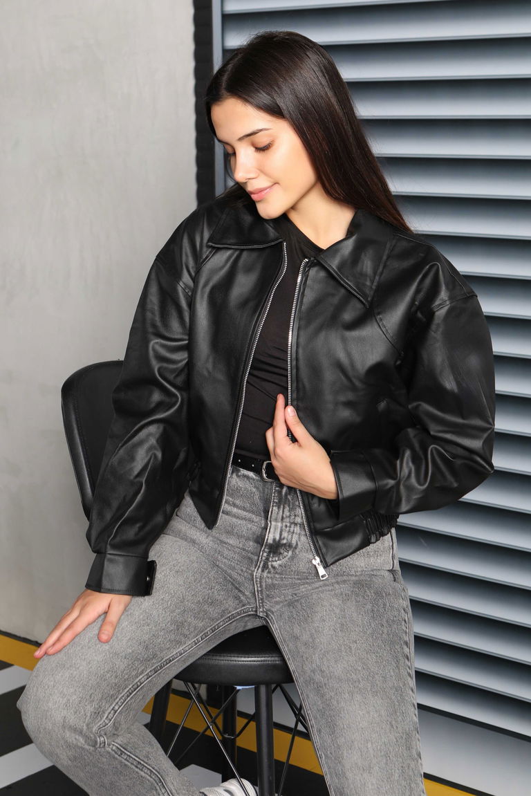 Beli Lastikli Deri Ceket - 27808-SIYAH - TOFİSA
