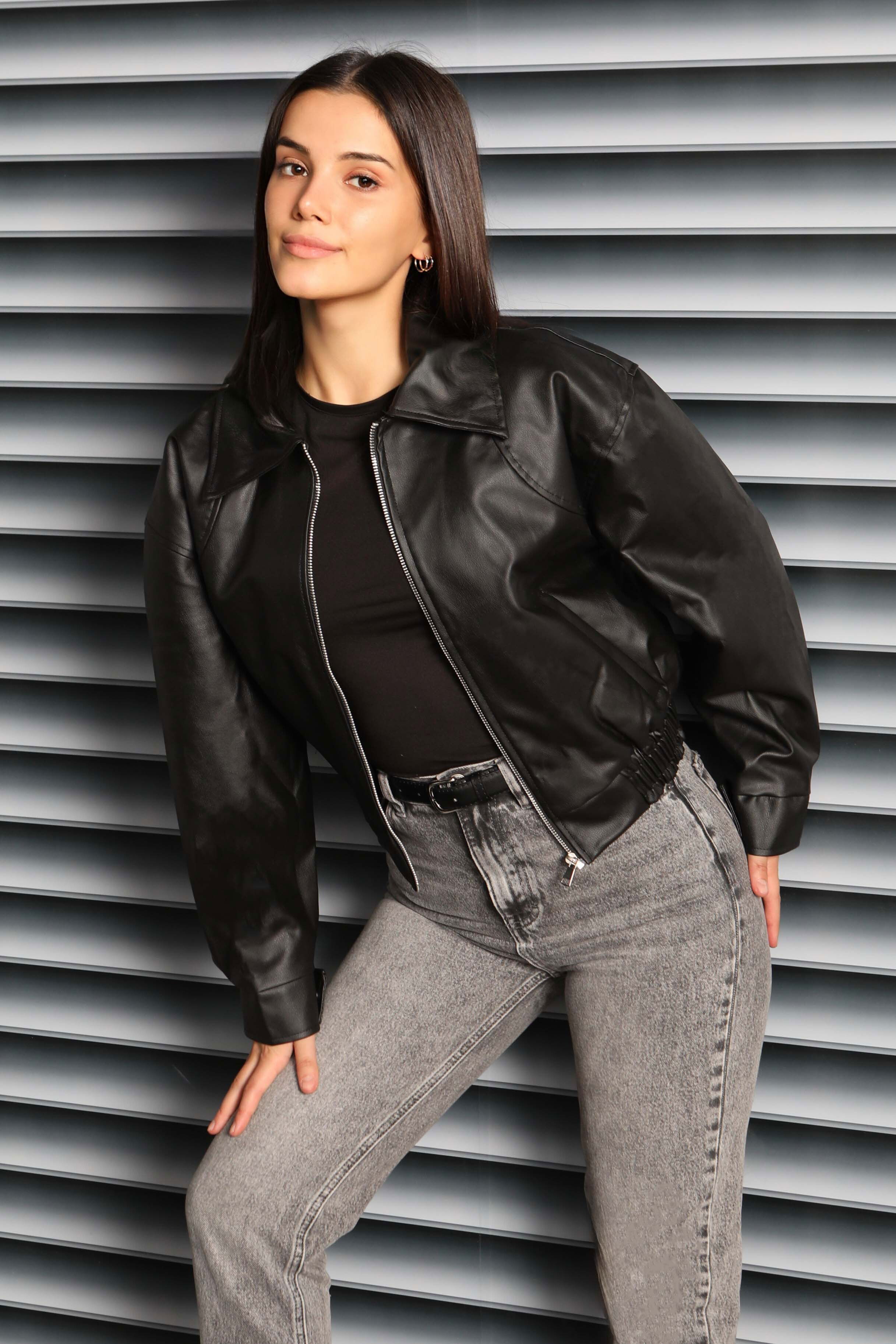 Beli Lastikli Deri Ceket - 27808-SIYAH - 3