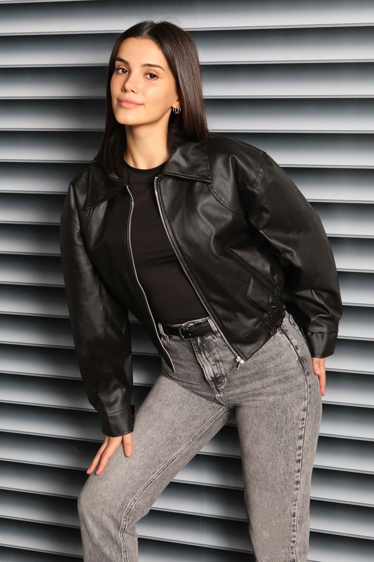 Beli Lastikli Deri Ceket - 27808-SIYAH - TOFİSA