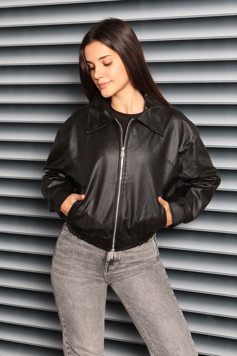 Beli Lastikli Deri Ceket - 27808-SIYAH - TOFİSA