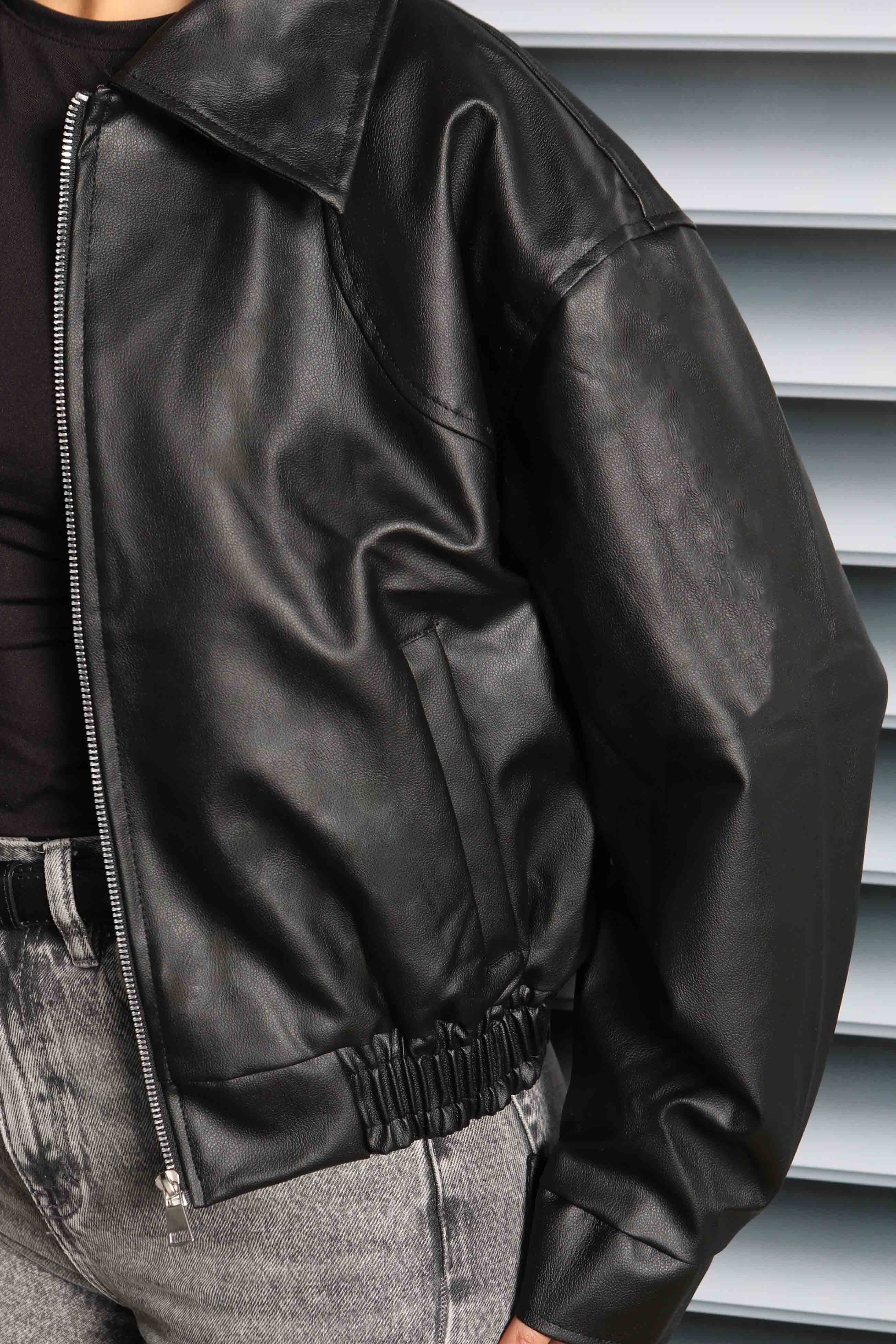 Beli Lastikli Deri Ceket - 27808-SIYAH - 6