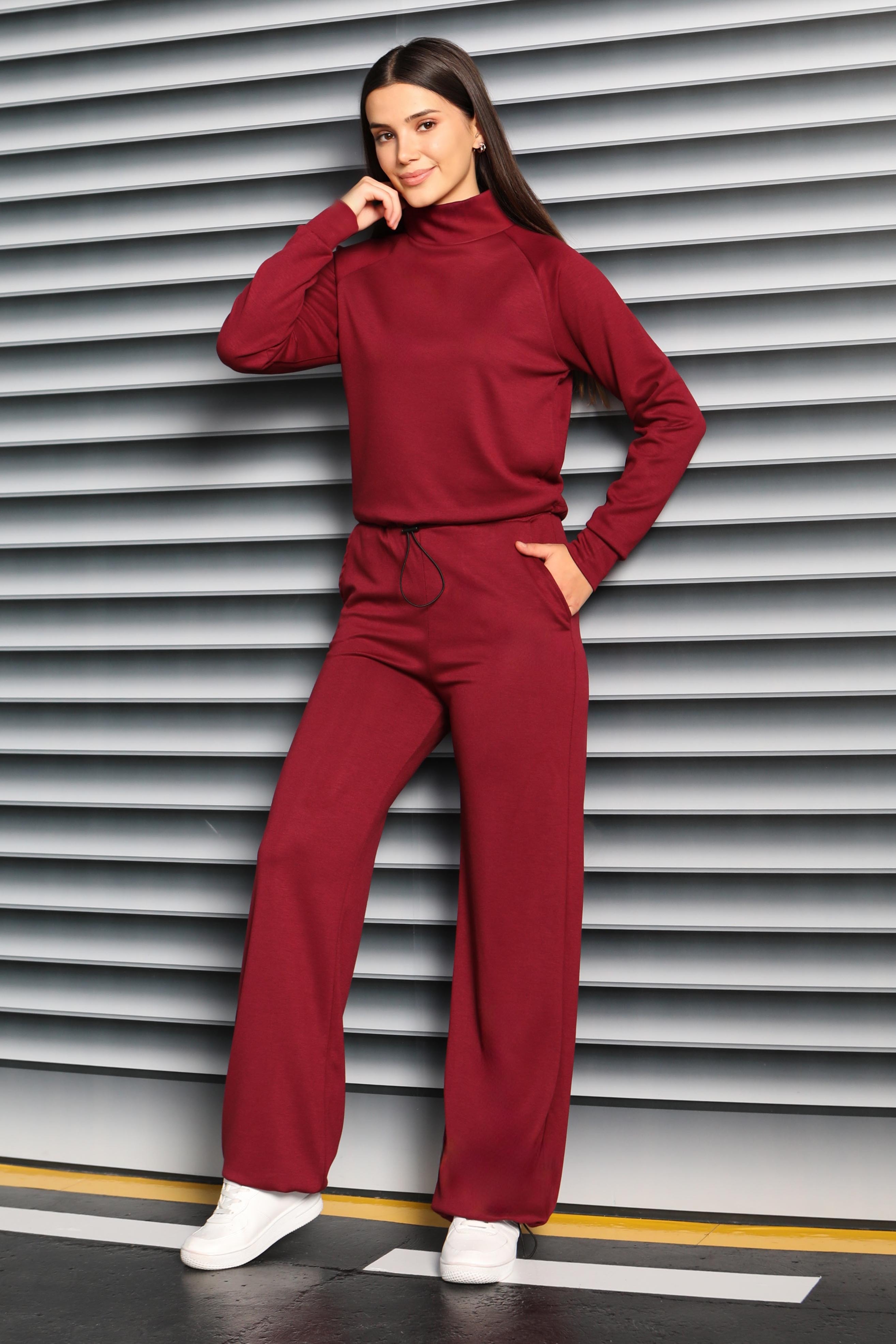 Beli Lastikli Detaylı Modal İkili Takım - 27876-BORDO - 1