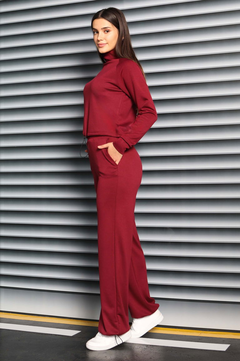 Beli Lastikli Detaylı Modal İkili Takım - 27876-BORDO - TOFİSA