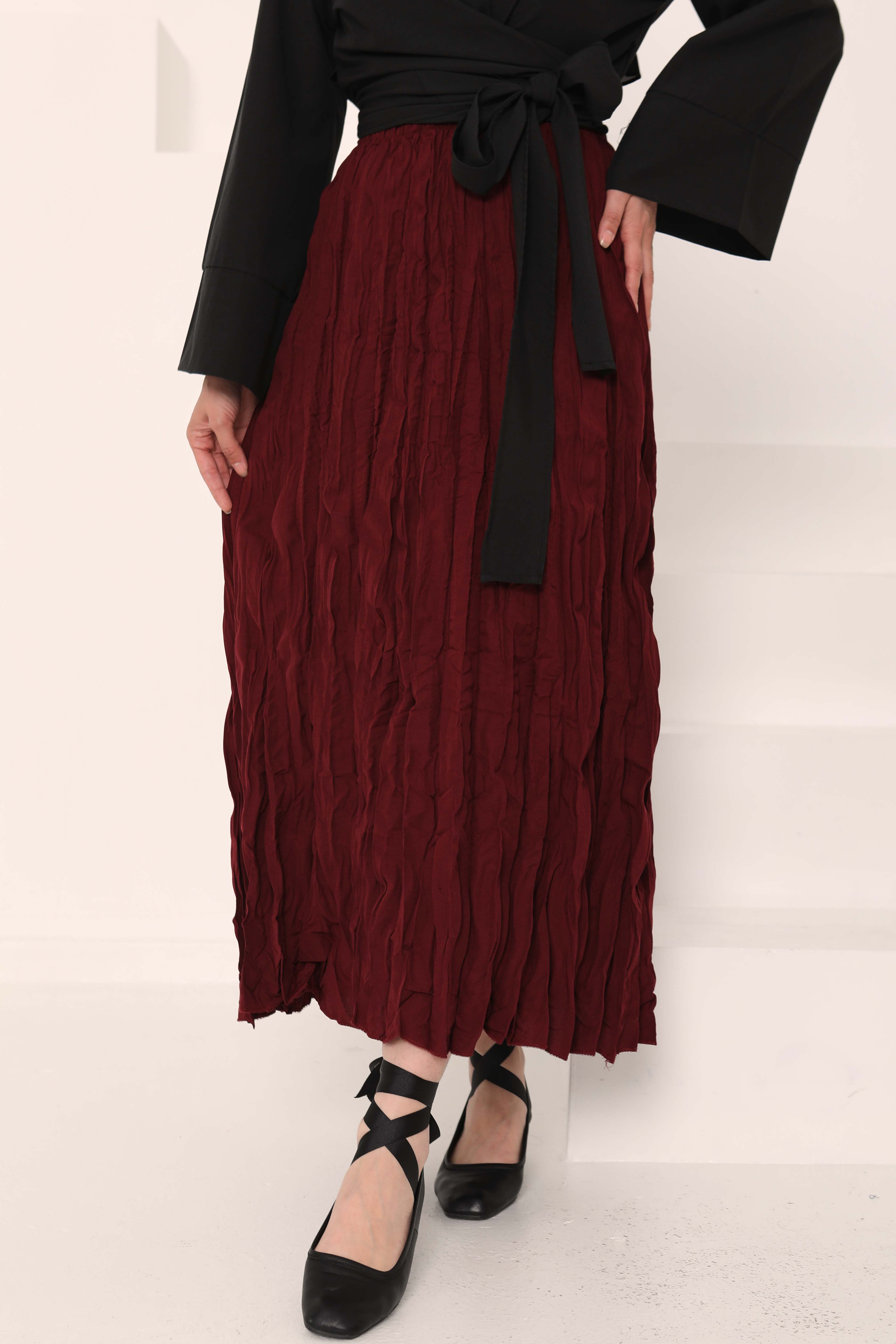 Beli Lastikli Kırışık Etek Bordo - 27013 - 3