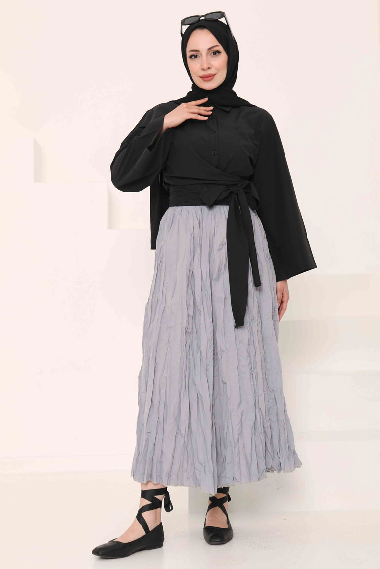 Beli Lastikli Kırışık Etek Gri - 27013 - TOFİSA