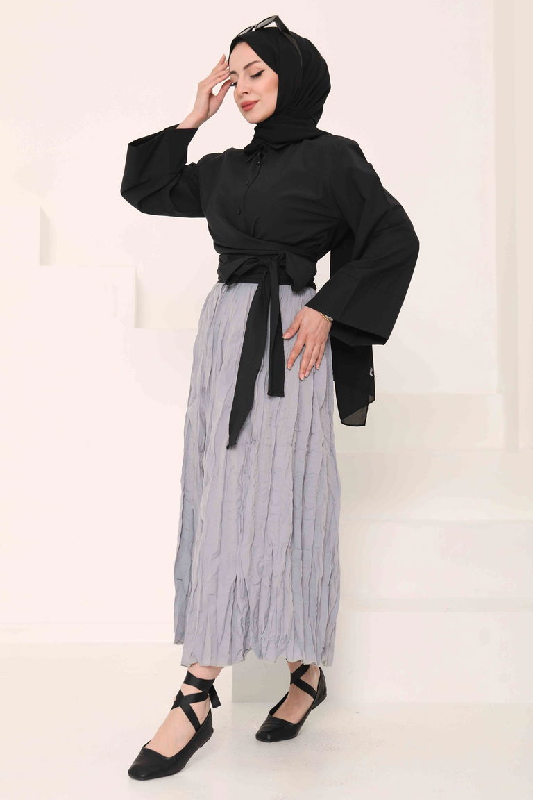 Beli Lastikli Kırışık Etek Gri - 27013 - TOFİSA