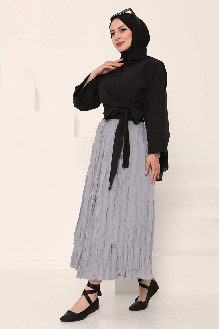 Beli Lastikli Kırışık Etek Gri - 27013 - TOFİSA