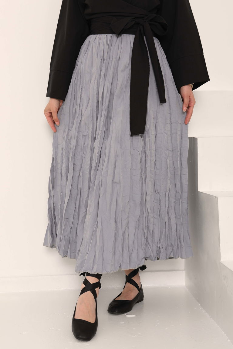 Beli Lastikli Kırışık Etek Gri - 27013 - TOFİSA