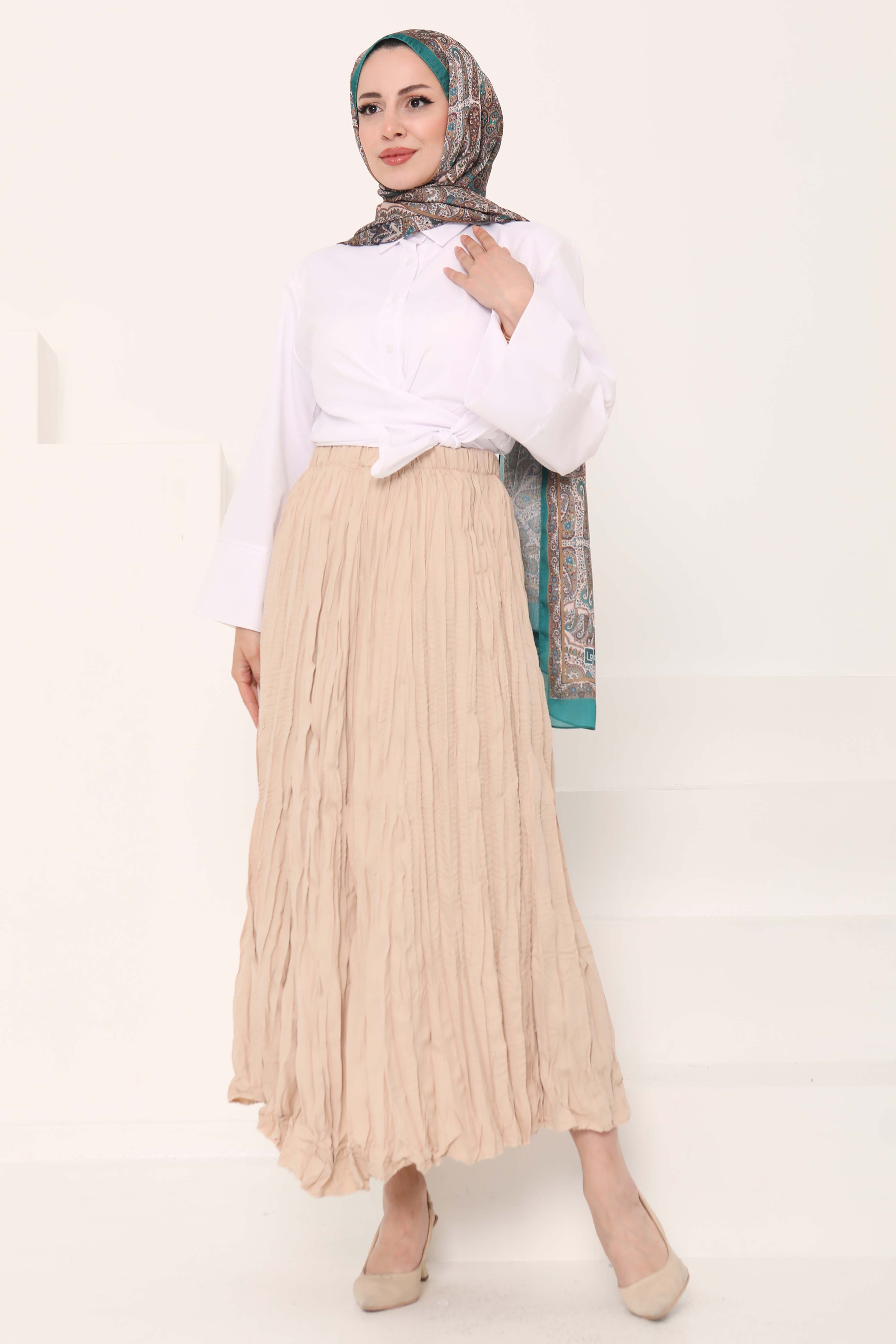 Beli Lastikli Kırışık Etek Bej - 27013 - 2