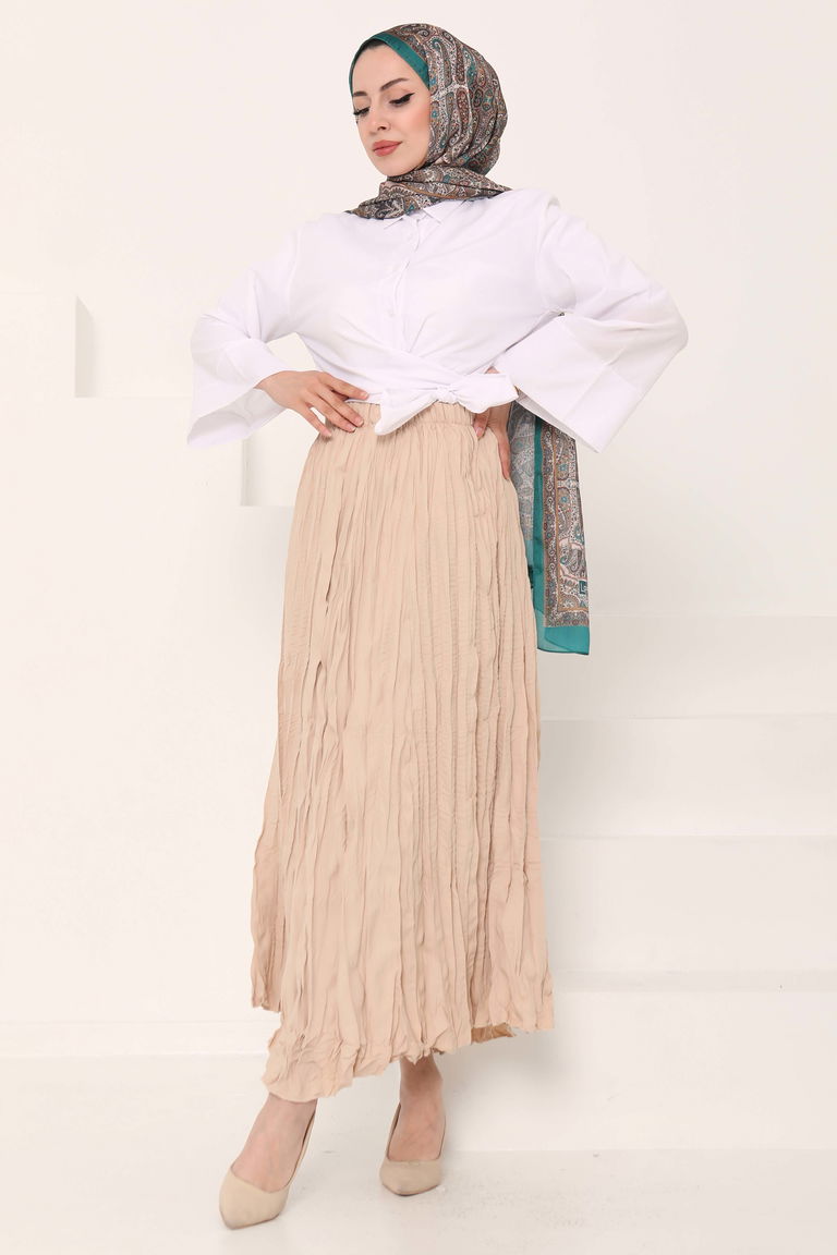 Beli Lastikli Kırışık Etek Bej - 27013 - TOFİSA