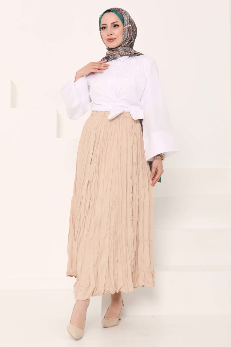 Beli Lastikli Kırışık Etek Bej - 27013 - TOFİSA