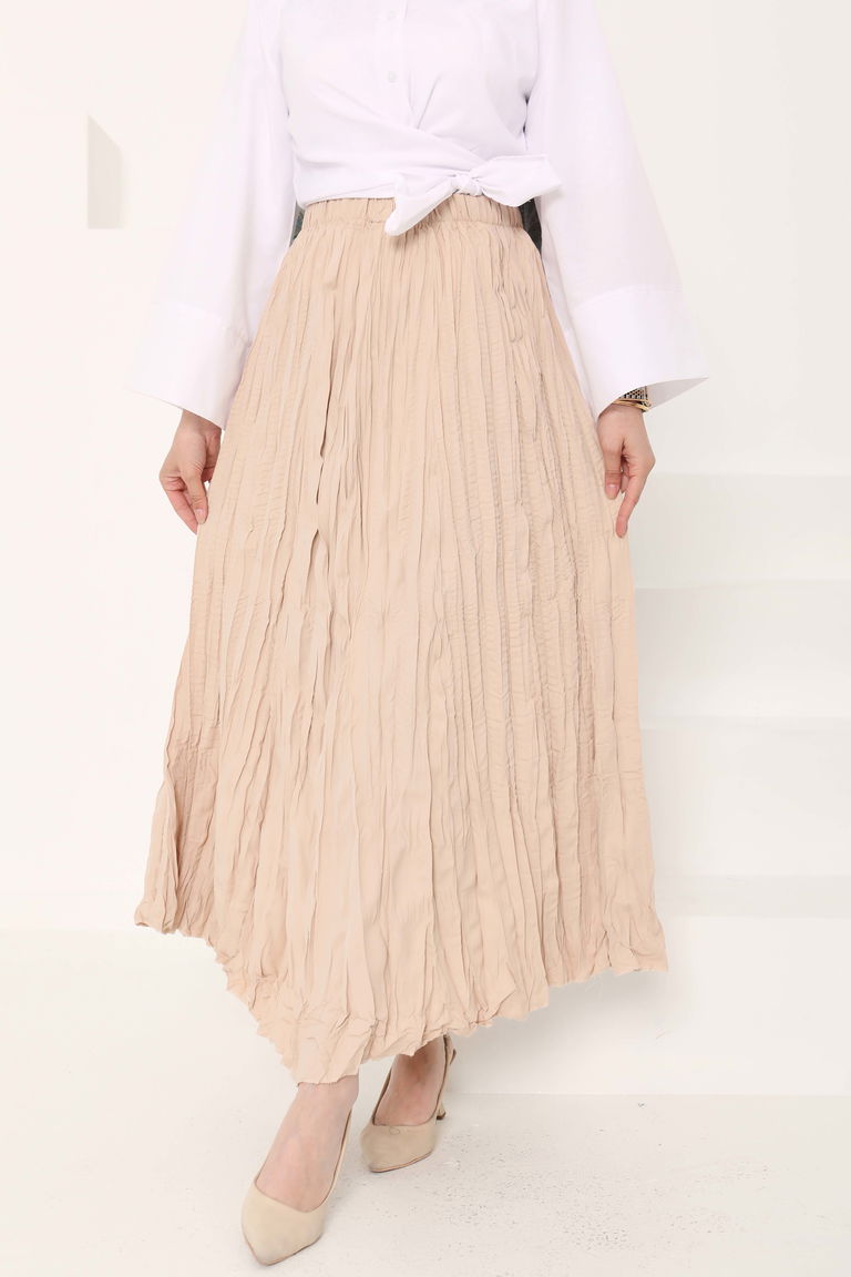 Beli Lastikli Kırışık Etek Bej - 27013 - TOFİSA