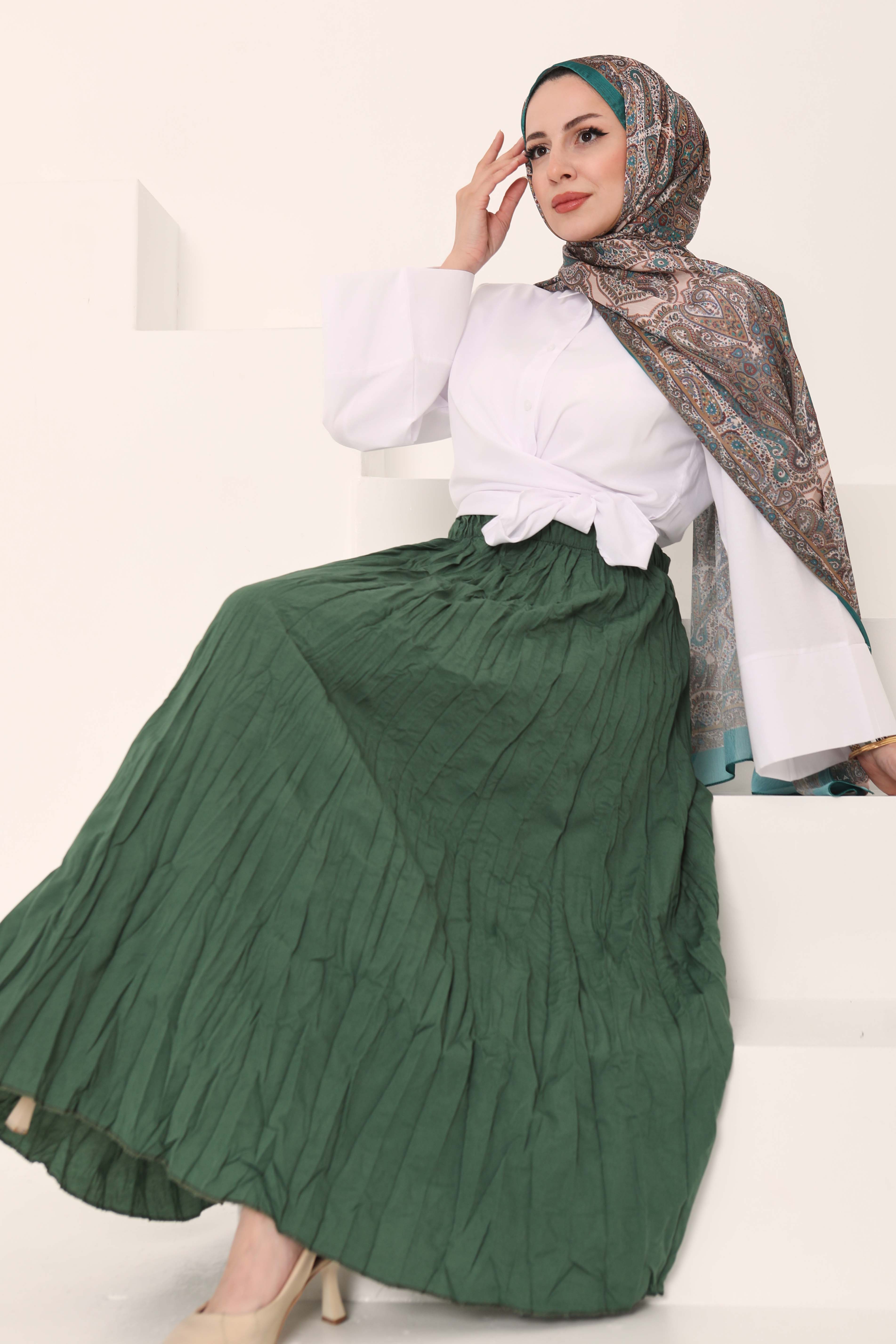 Beli Lastikli Kırışık Etek Haki - 27013 - 1