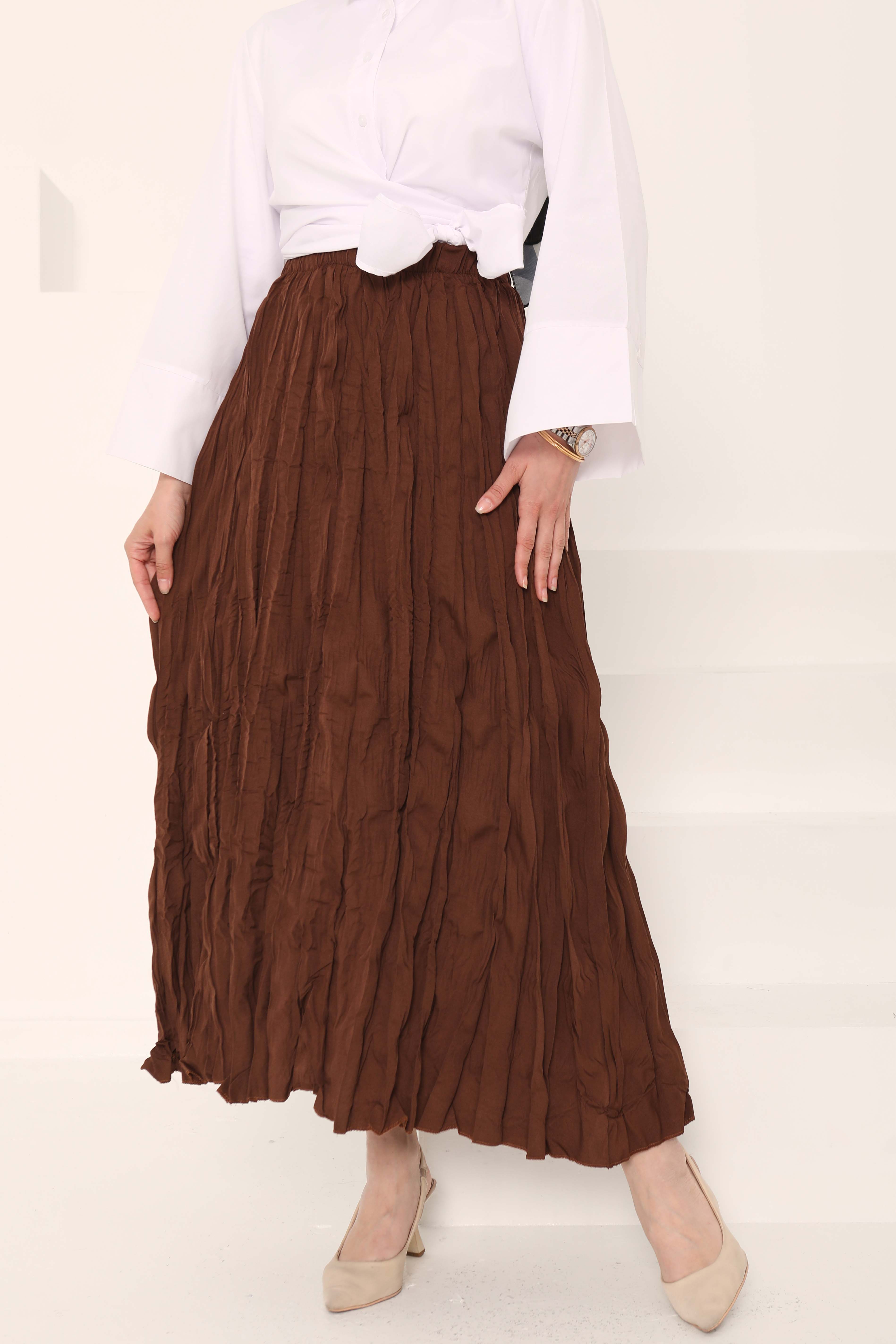 Beli Lastikli Kırışık Etek Kahve - 27013 - 3