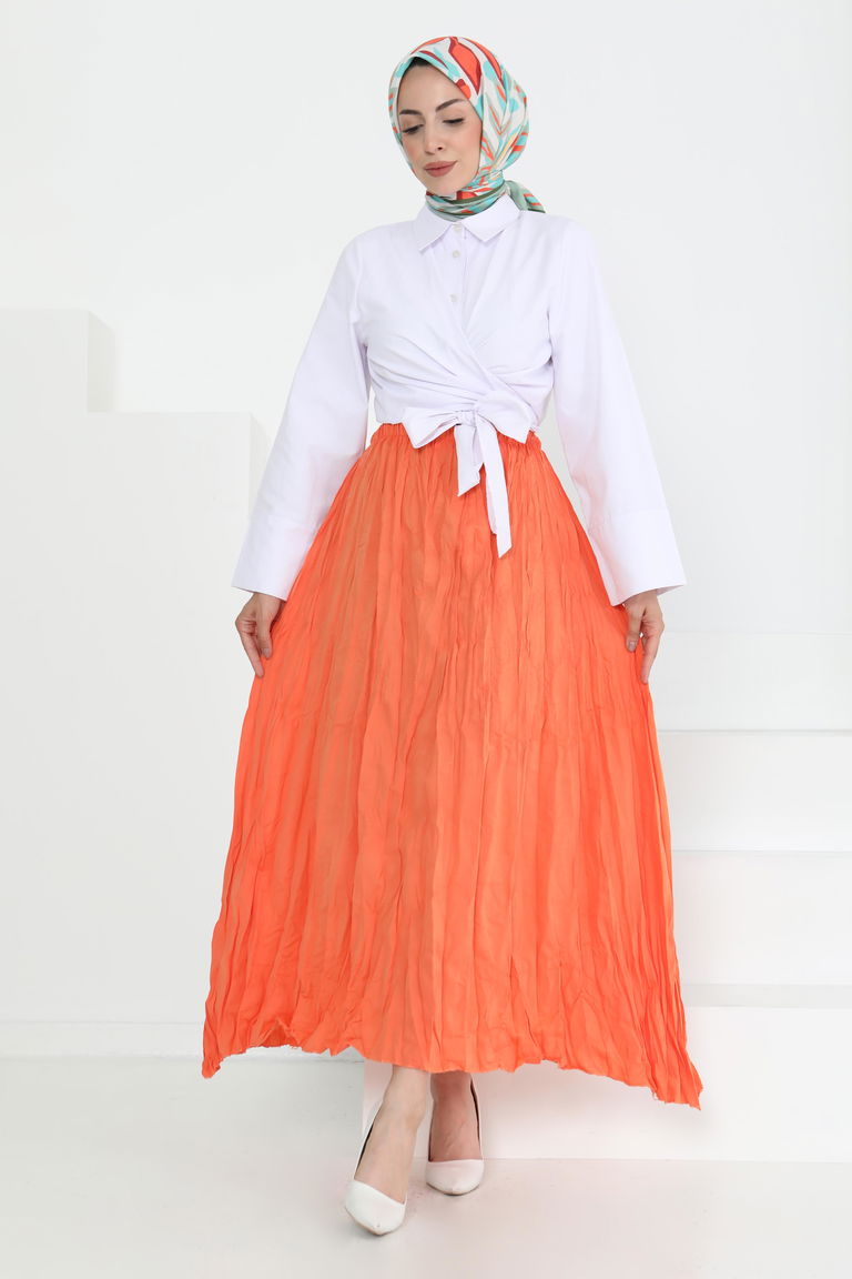 Beli Lastikli Kırışık Etek Oranj - 27013 - TOFİSA