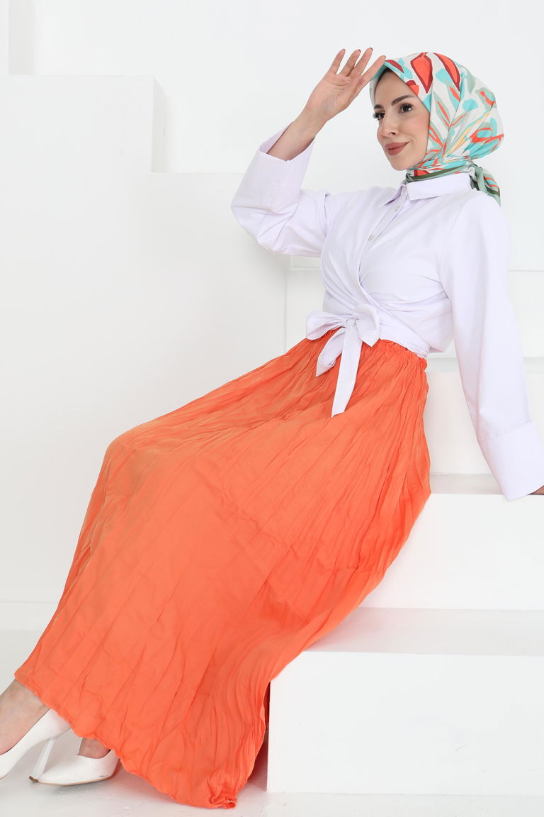 Beli Lastikli Kırışık Etek Oranj - 27013 - TOFİSA