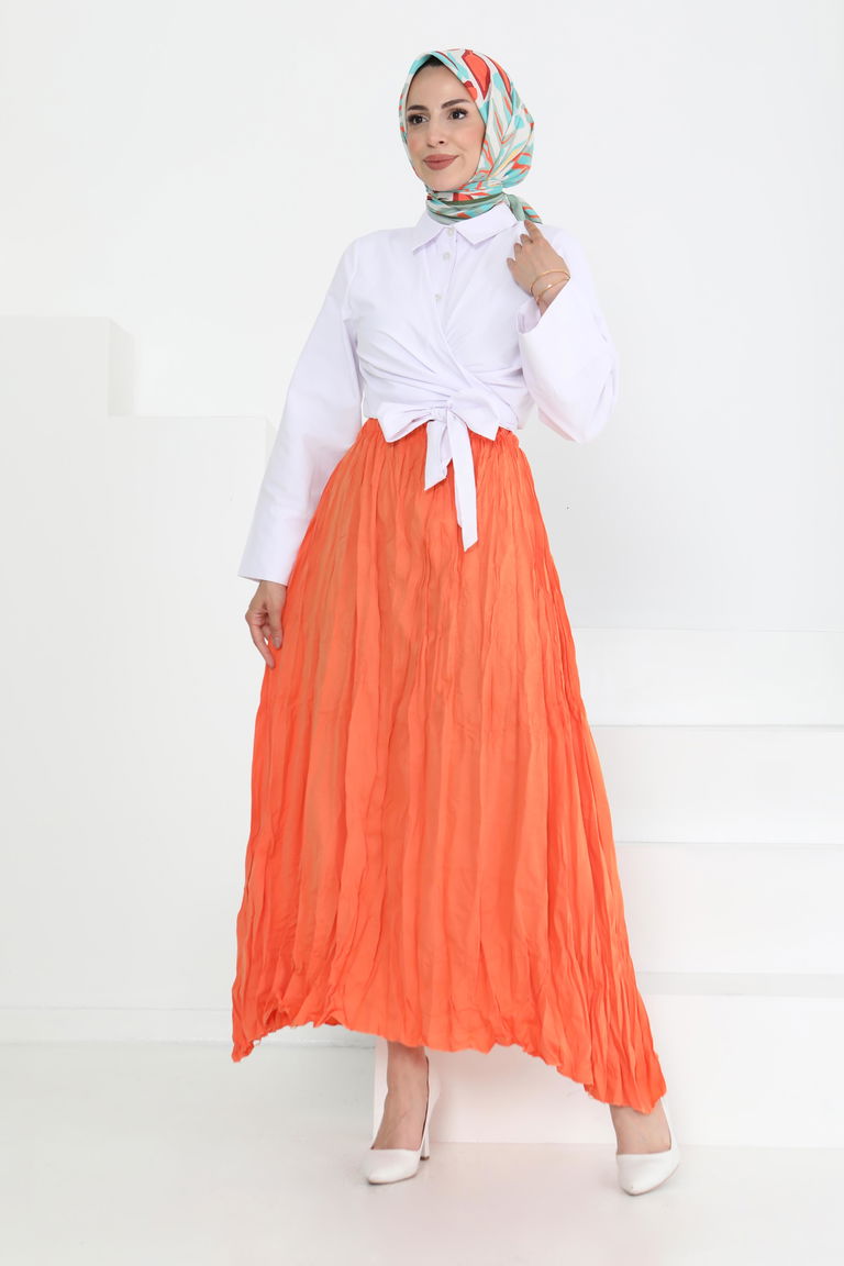 Beli Lastikli Kırışık Etek Oranj - 27013 - TOFİSA