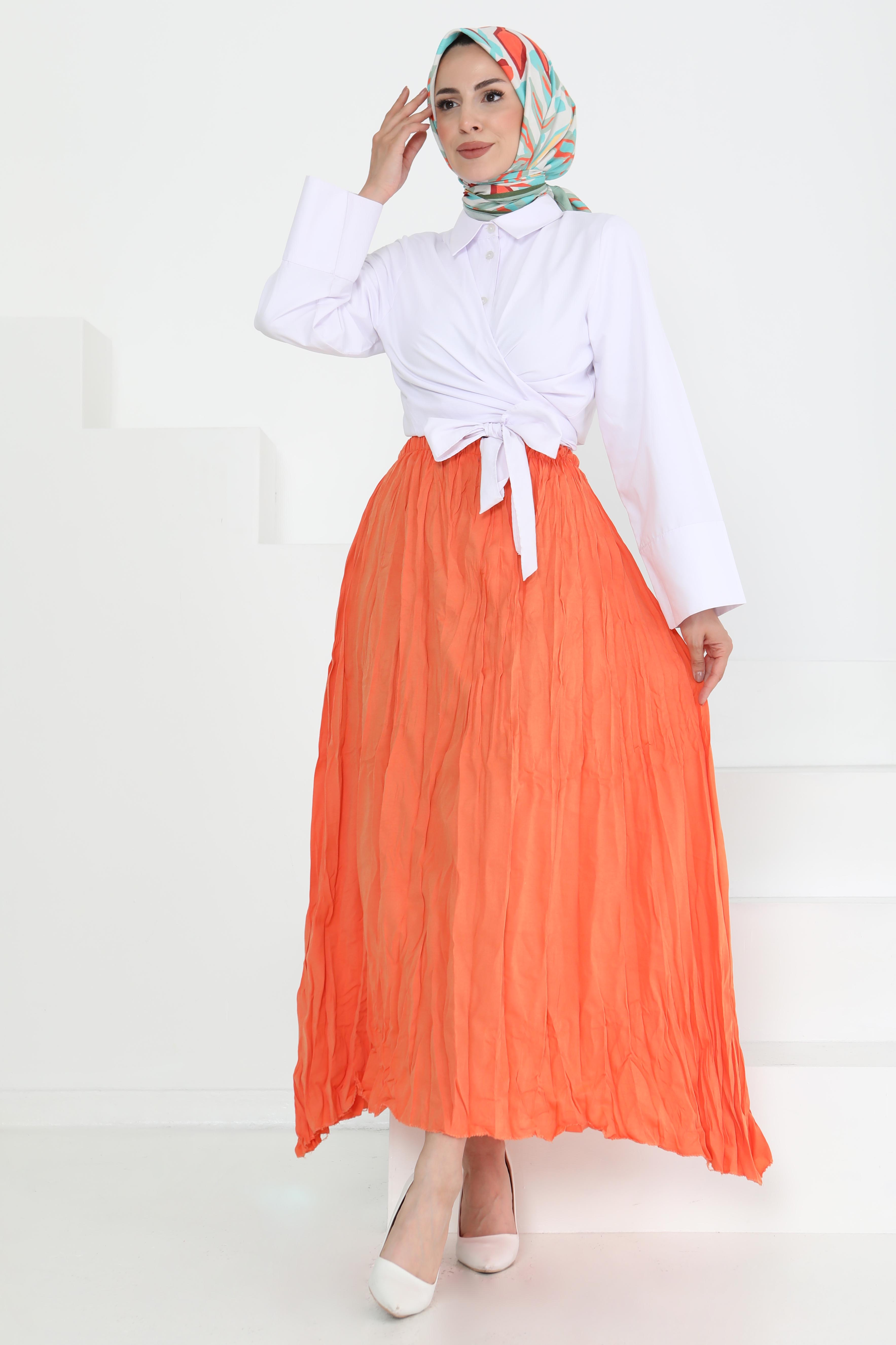 Beli Lastikli Kırışık Etek Oranj - 27013 - 4