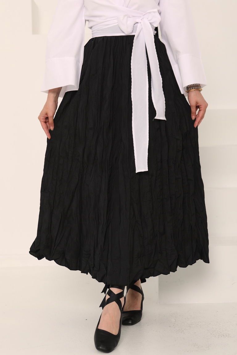 Beli Lastikli Kırışık Etek Siyah - 27013 - TOFİSA