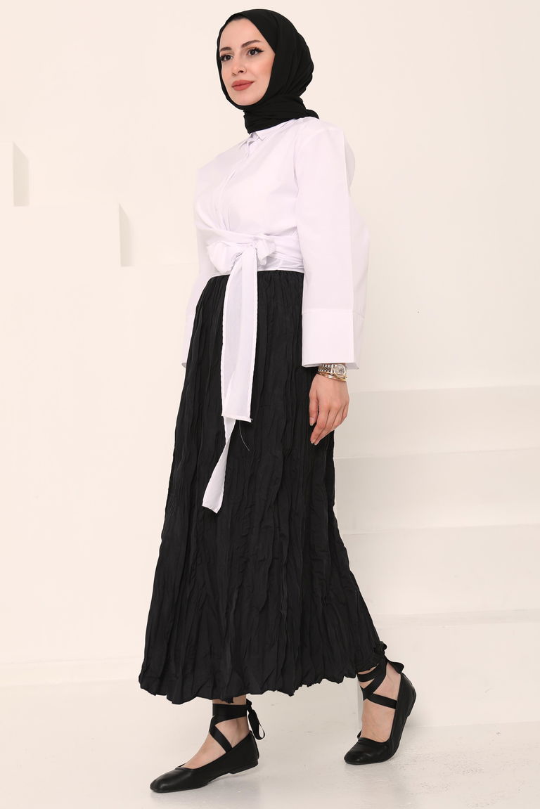 Beli Lastikli Kırışık Etek Siyah - 27013 - TOFİSA