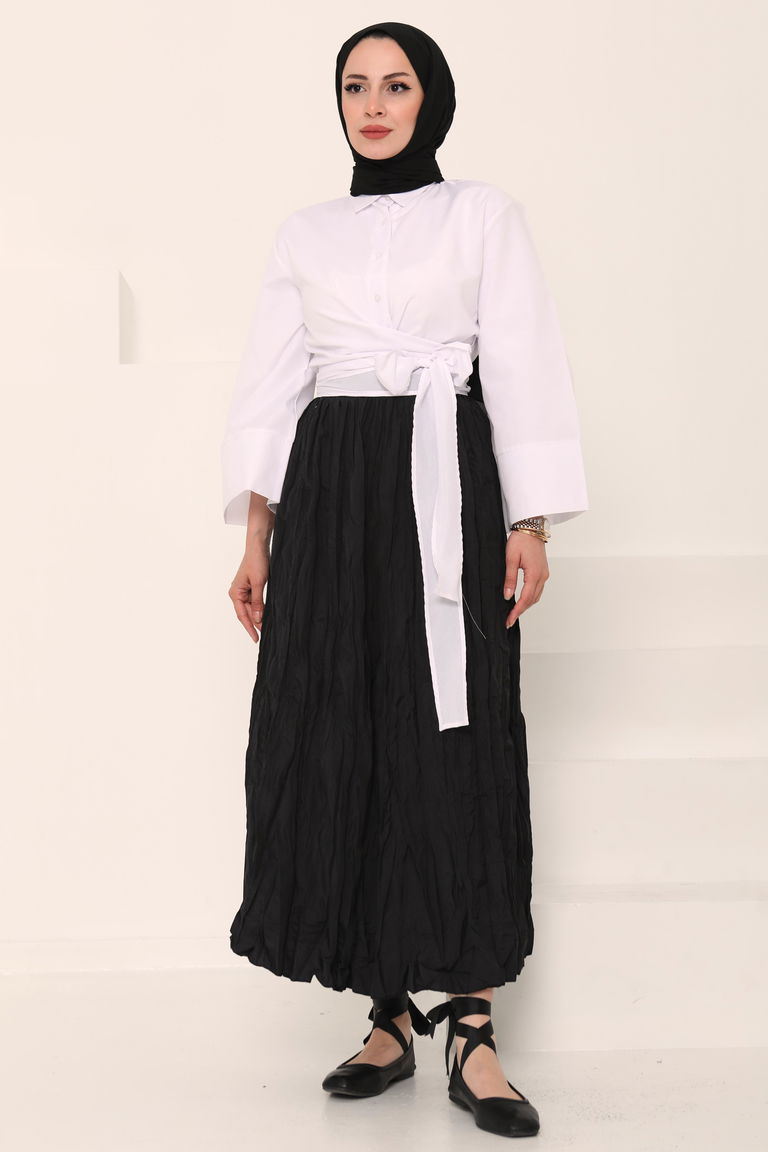 Beli Lastikli Kırışık Etek Siyah - 27013 - TOFİSA