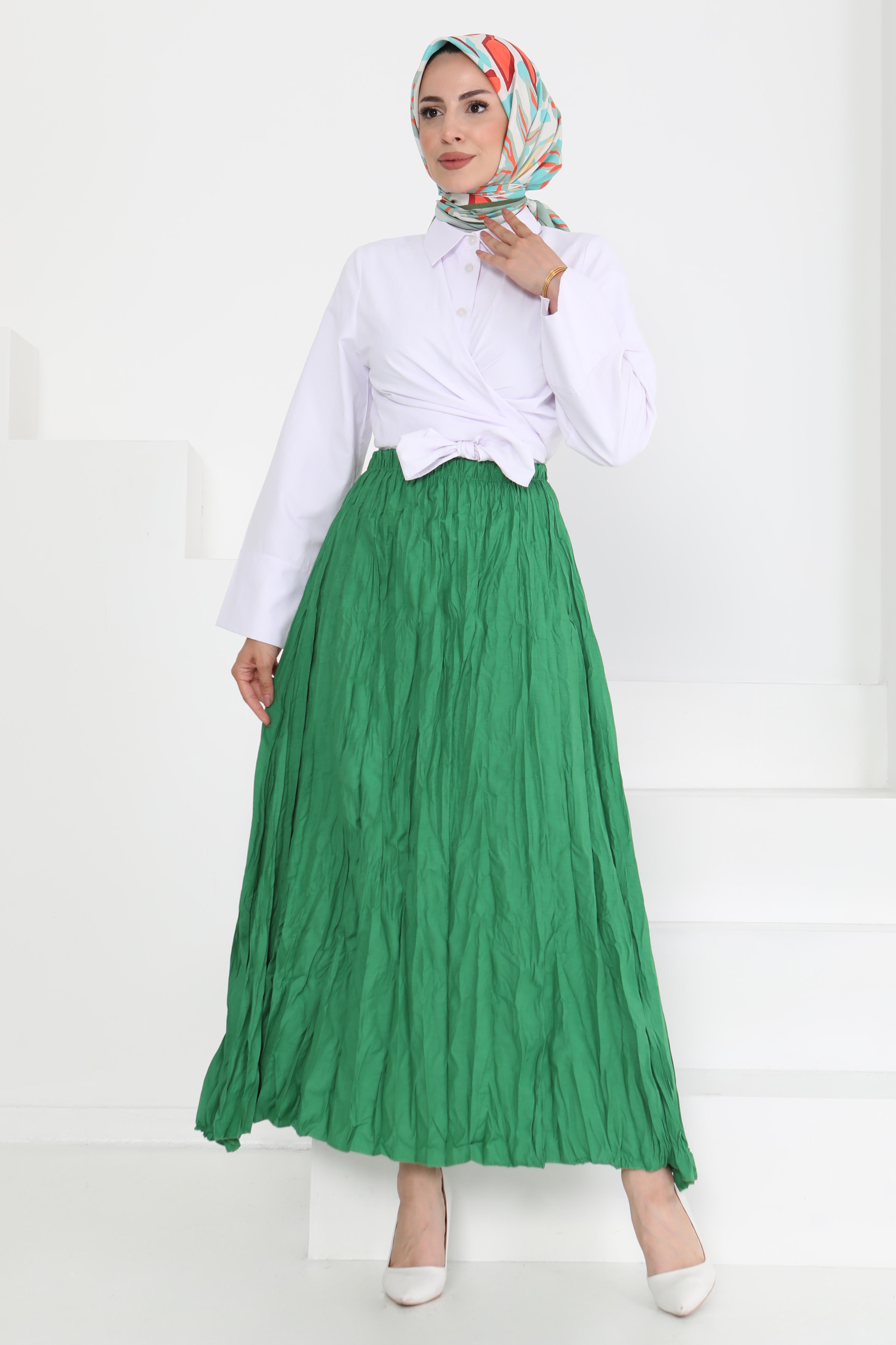 Beli Lastikli Kırışık Etek Yesil - 27013 - 1