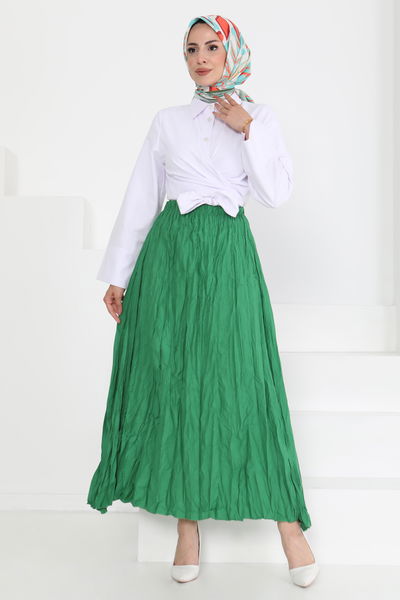 Beli Lastikli Kırışık Etek Yesil - 27013 