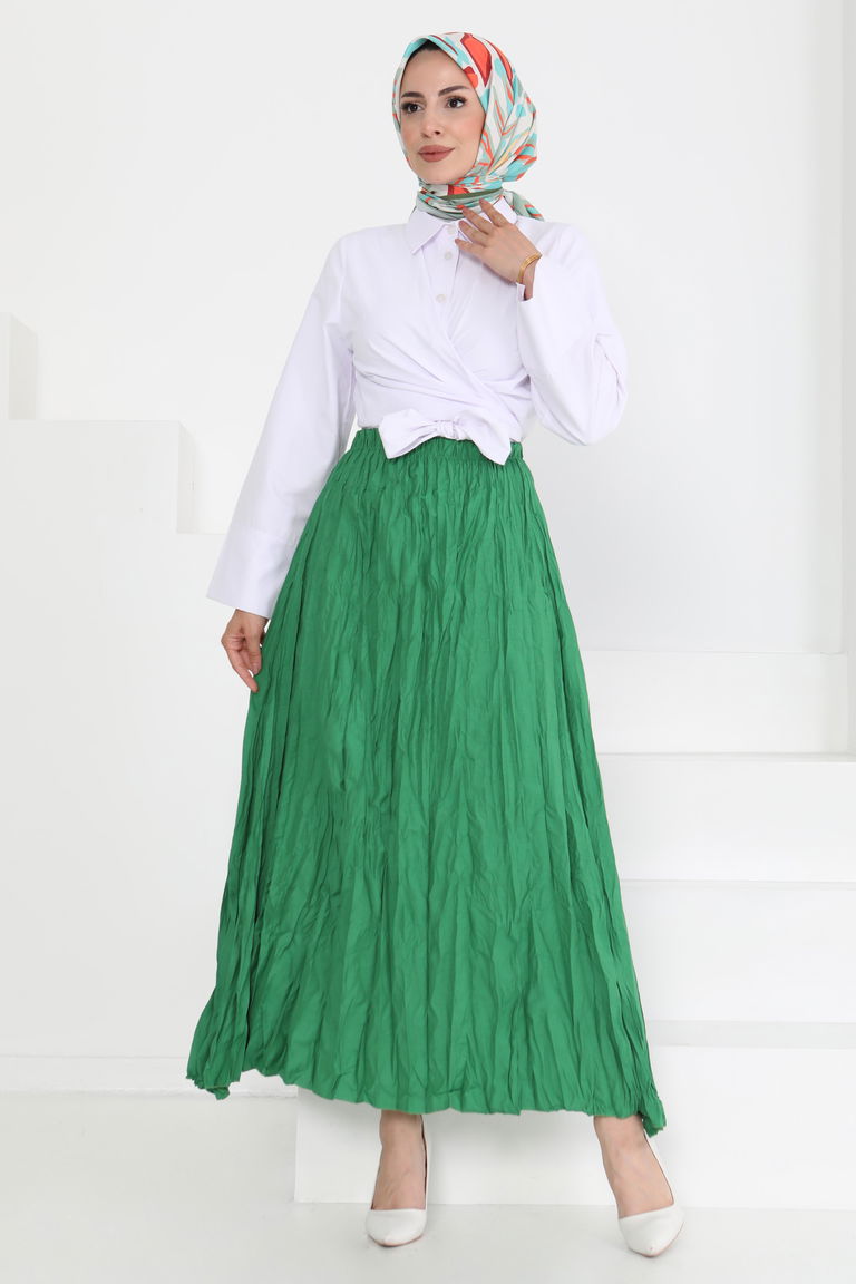 Beli Lastikli Kırışık Etek Yesil - 27013 - TOFİSA