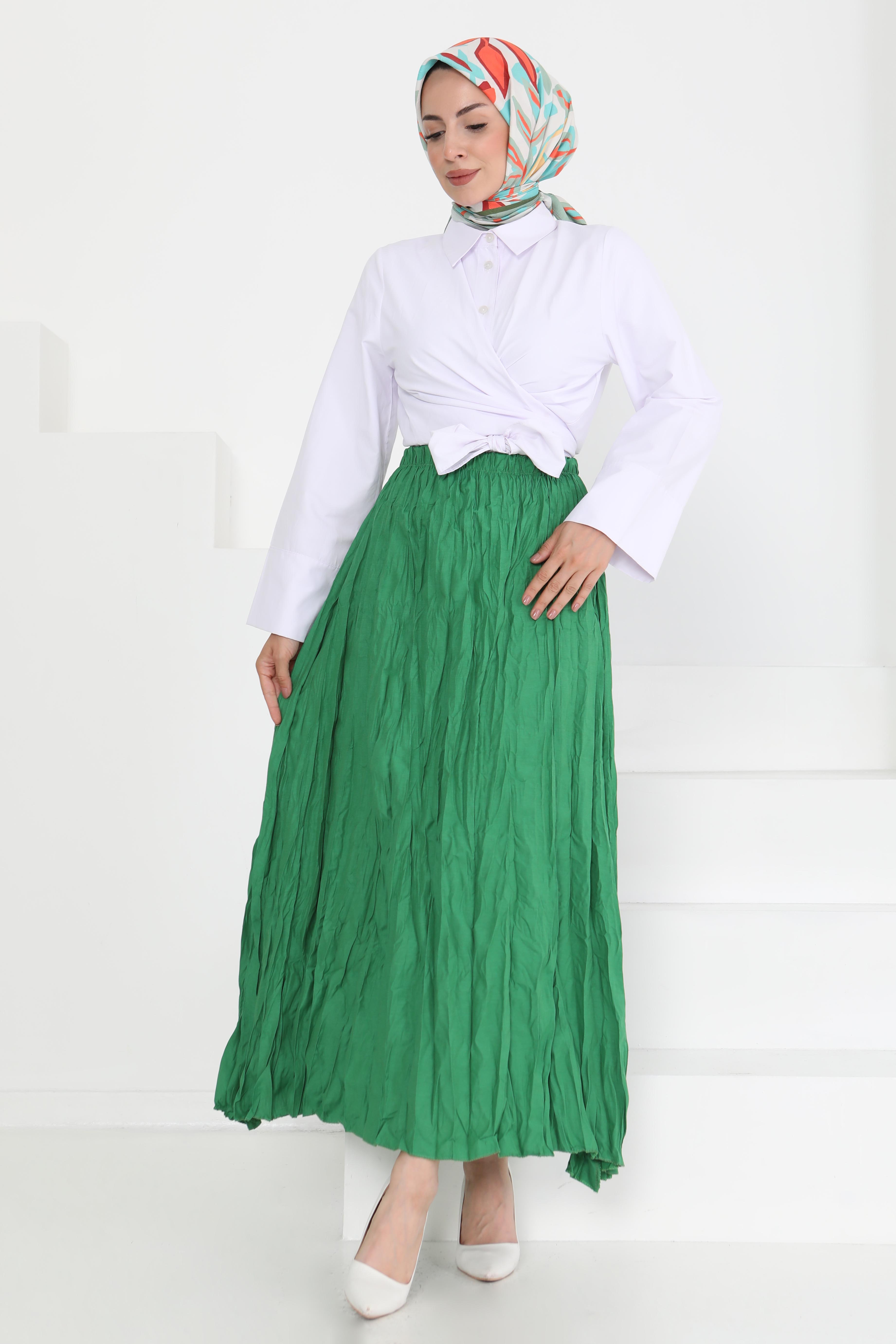 Beli Lastikli Kırışık Etek Yesil - 27013 - 2