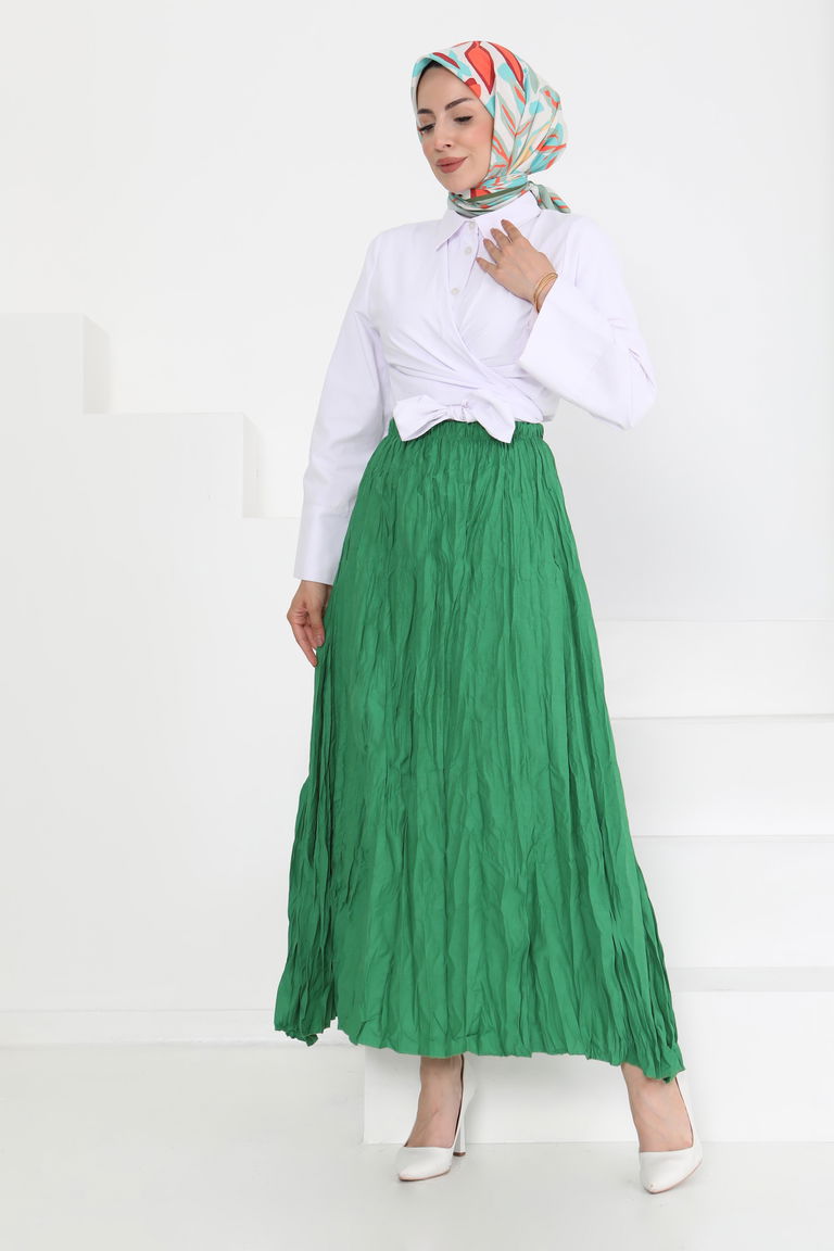Beli Lastikli Kırışık Etek Yesil - 27013 - TOFİSA