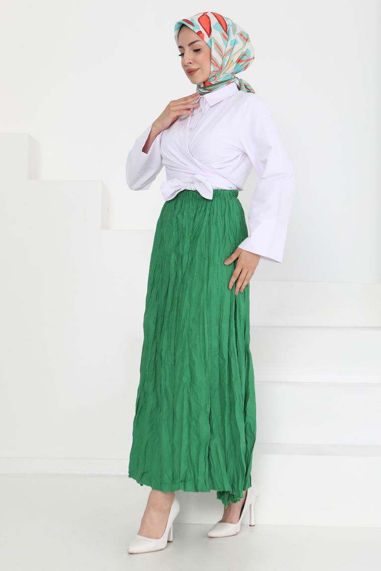 Beli Lastikli Kırışık Etek Yesil - 27013 - TOFİSA
