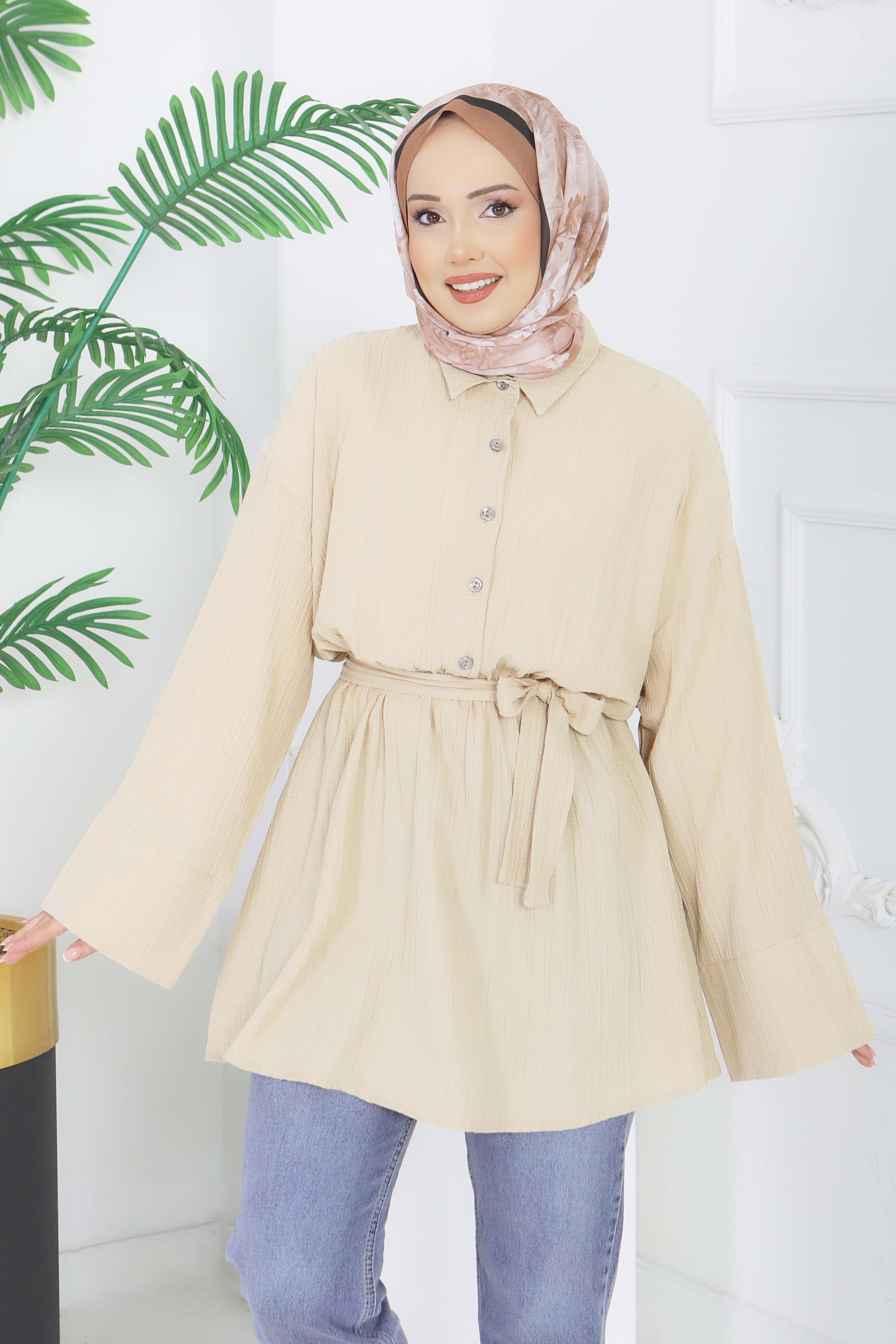 Beli Lastikli Kuşaklı Tunik - 28388-BEJ - 1