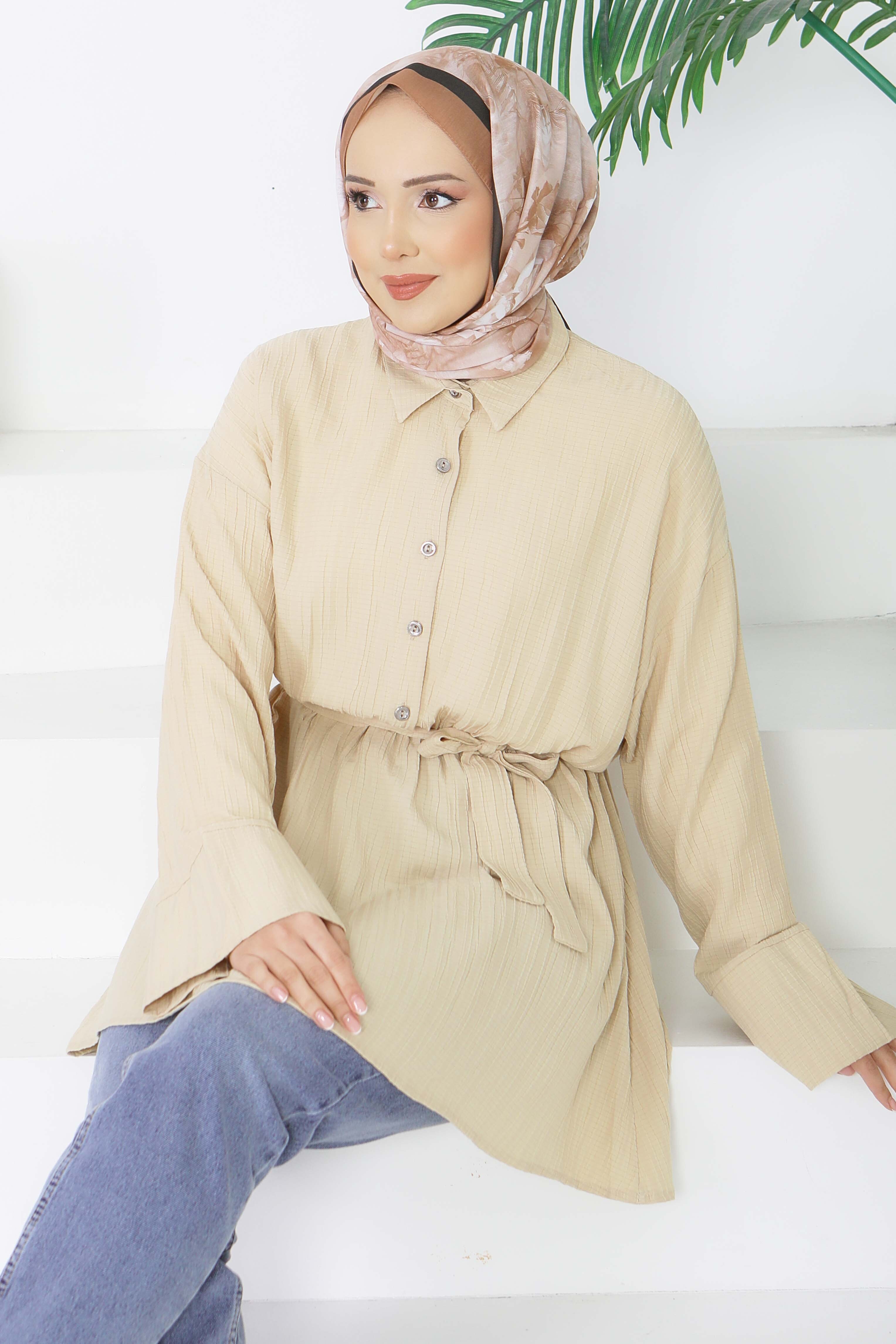 Beli Lastikli Kuşaklı Tunik - 28388-BEJ - 2