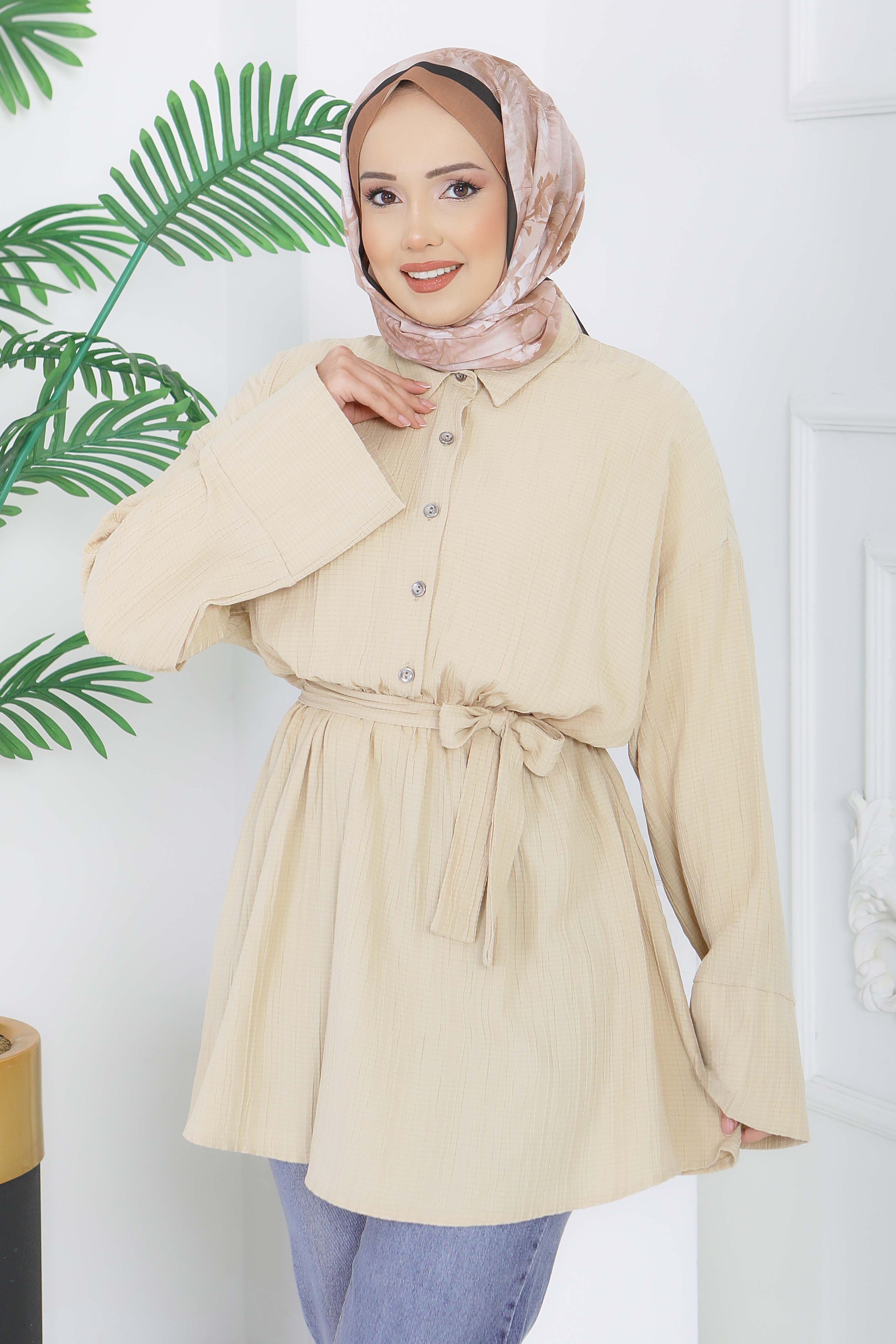 Beli Lastikli Kuşaklı Tunik - 28388-BEJ - 3