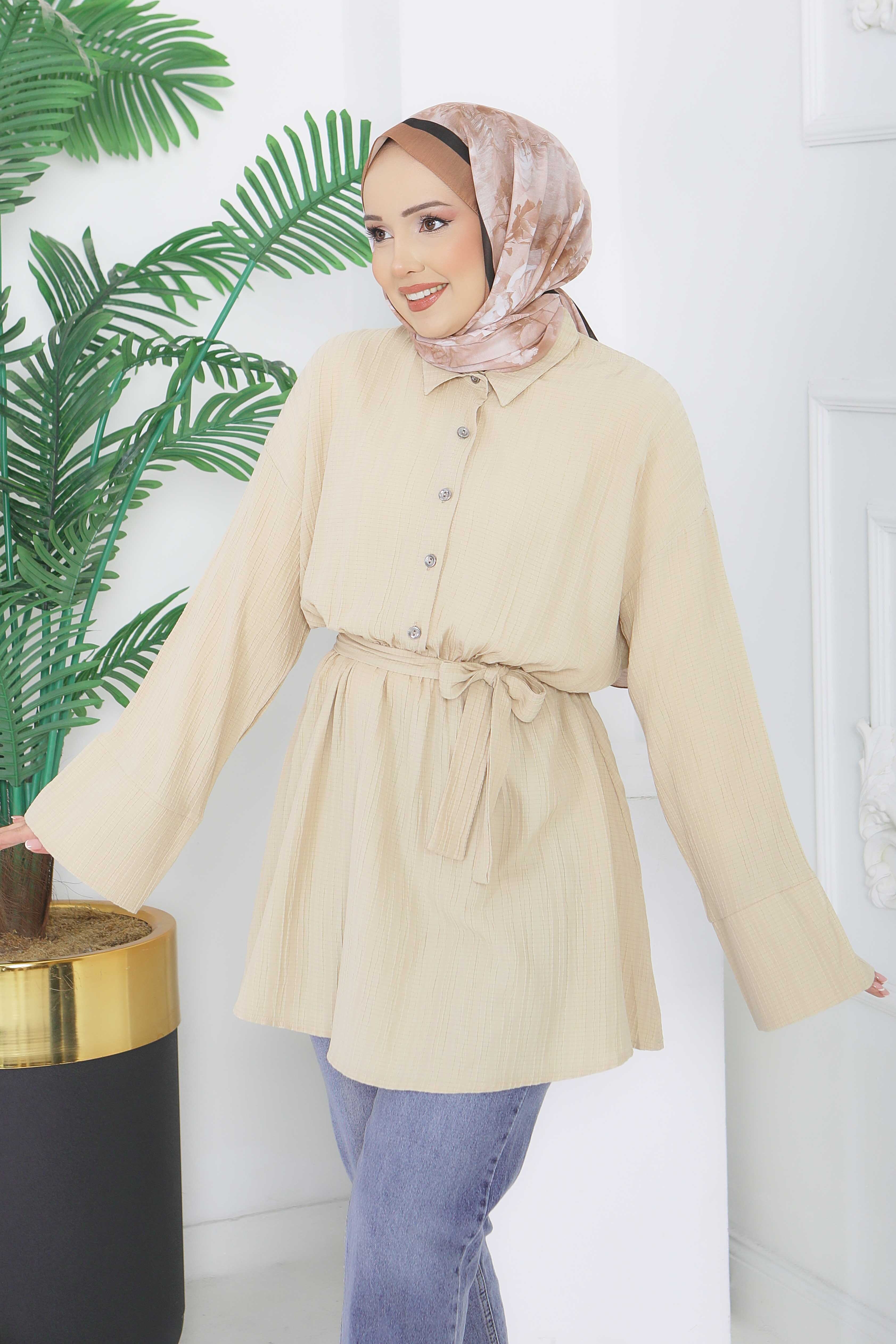 Beli Lastikli Kuşaklı Tunik - 28388-BEJ - 4