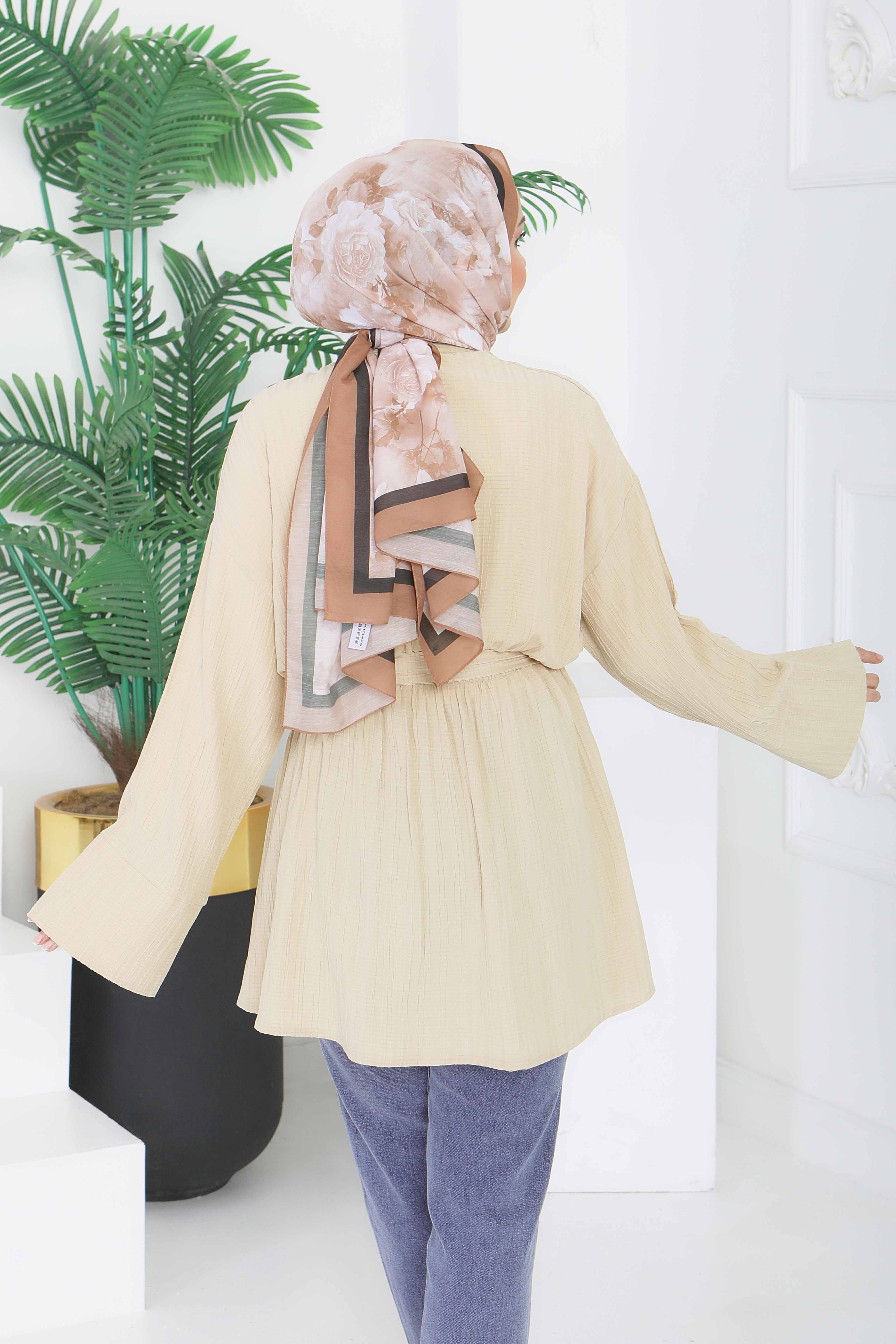 Beli Lastikli Kuşaklı Tunik - 28388-BEJ - 5