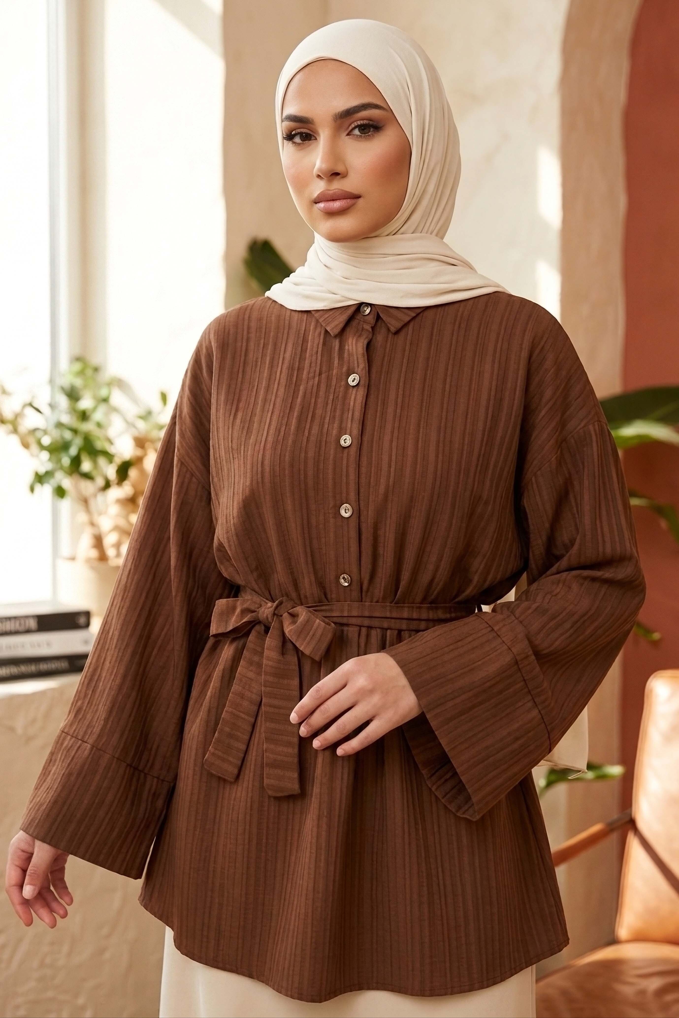 Beli Lastikli Kuşaklı Tunik - 28388-KAHVE - 2